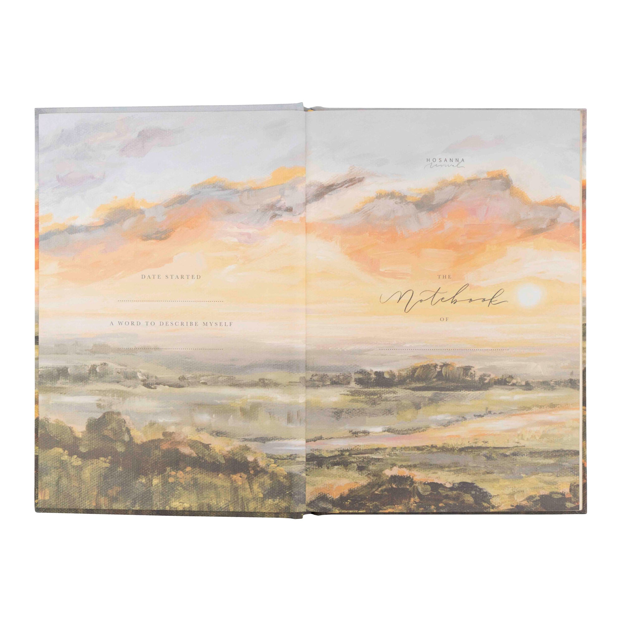 Florence notebook opening pages with warm sunset landscape artwork and space for name and date inside cover