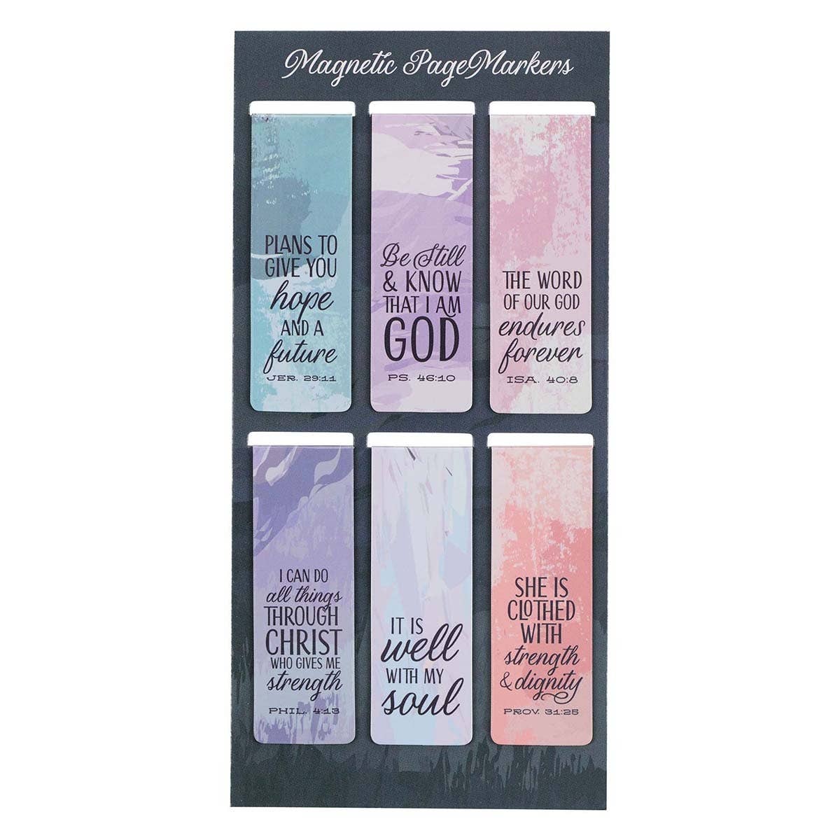 Set of magnetic page markers with scriptural quotes on a black background