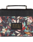 Hope and a Future Botanical Midnight faux leather Bible cover featuring floral design, gold-foiled title, and lay-flat carry handle, Christian Bible cover for protection and daily use
