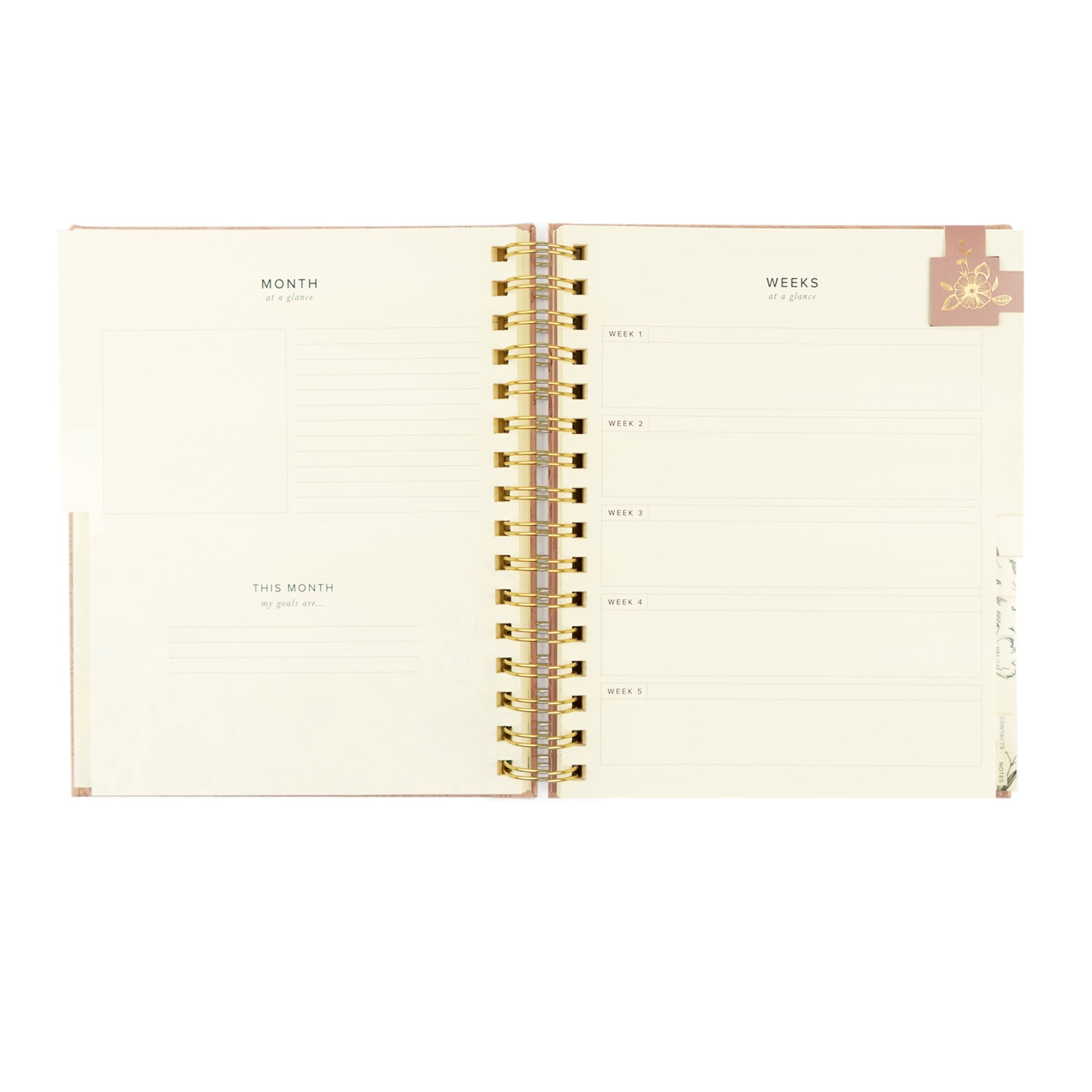 Pink floral Christian planner undated with month and weeks at a glance. Also space for monthly goals. Pink magnetic bookmark shown as well. 