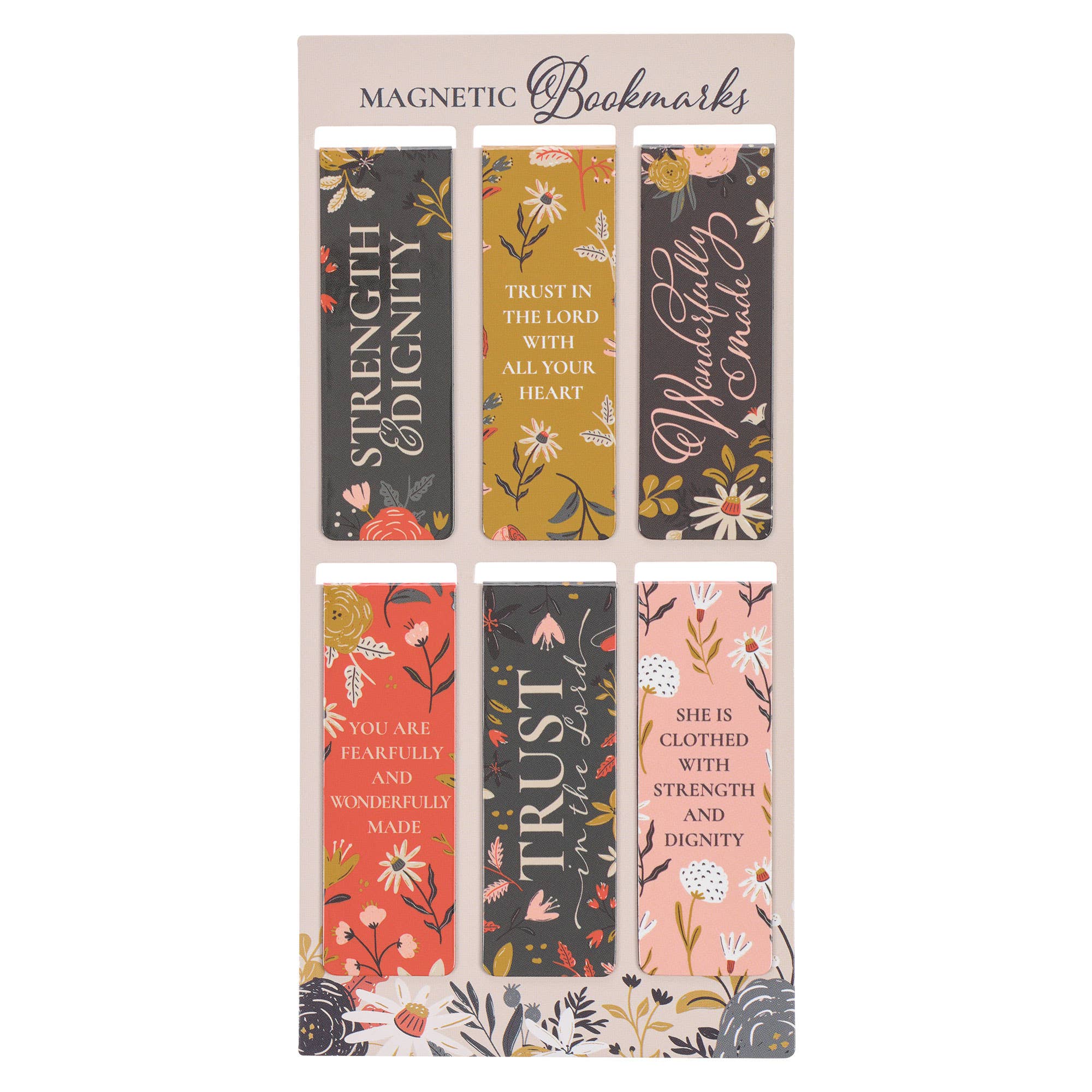 Christian magnetic bookmarks set with floral designs and Scriptures, including ‘Strength & Dignity,’ ‘Trust in the Lord,’ ‘Wonderfully Made,’ and ‘Fearfully and Wonderfully Made,’ displayed on card backing – Identity in Christ Bundle accessory from Red Ledger Gifts.