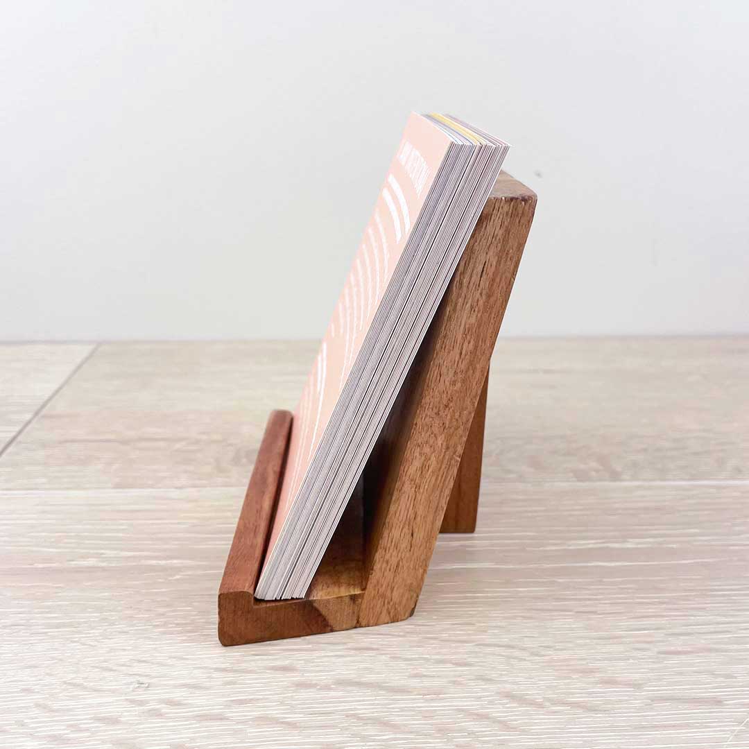 Side view of the Identity in Christ Scripture Cards displayed in a wooden stand, showcasing the thick card stock and premium minimalist Christian design—perfect for daily affirmations, Bible study, and inspirational home décor.