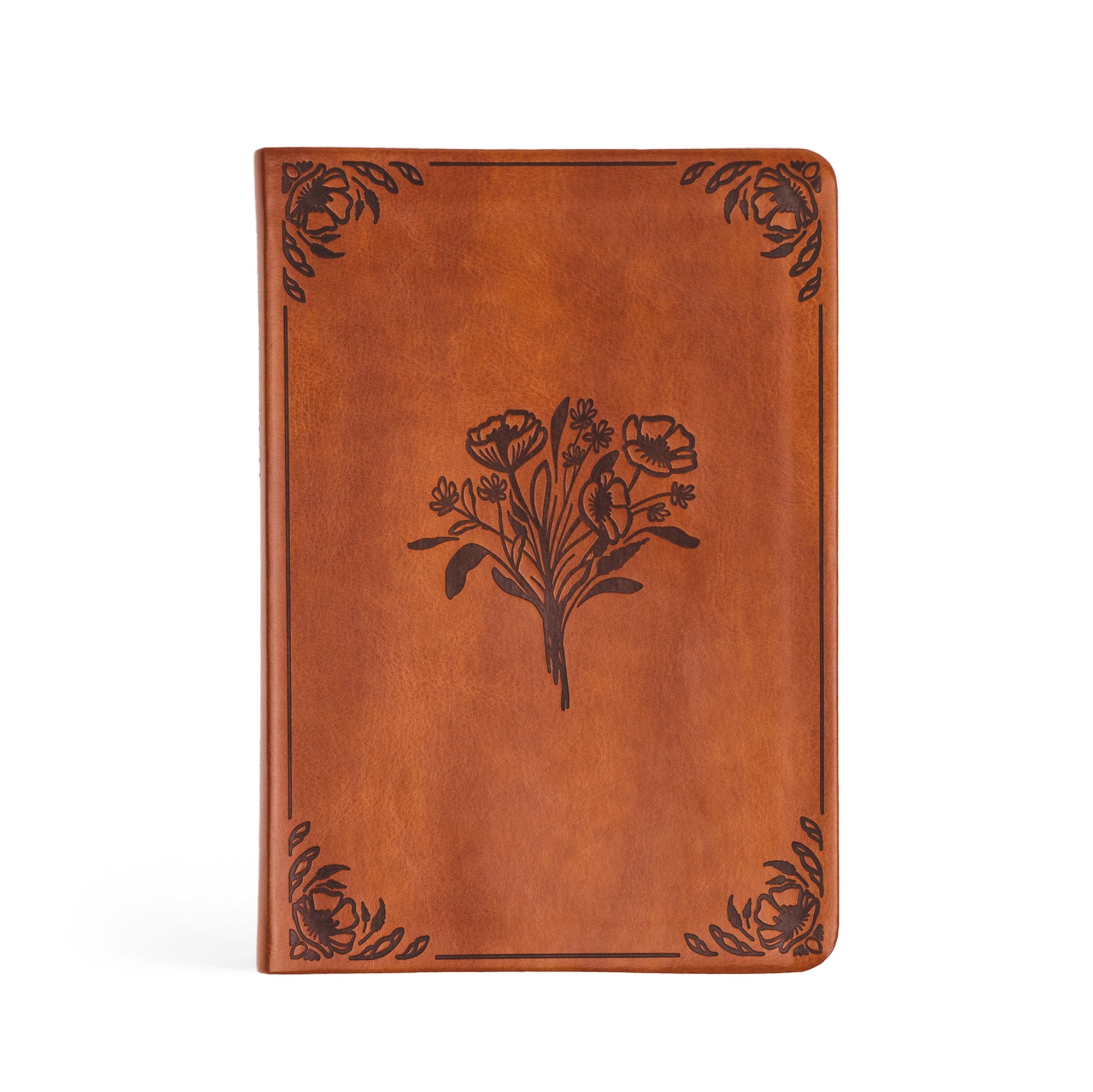 Vienna Christian notebook journal with pressed floral bouquet design on warm brown leather-like cover