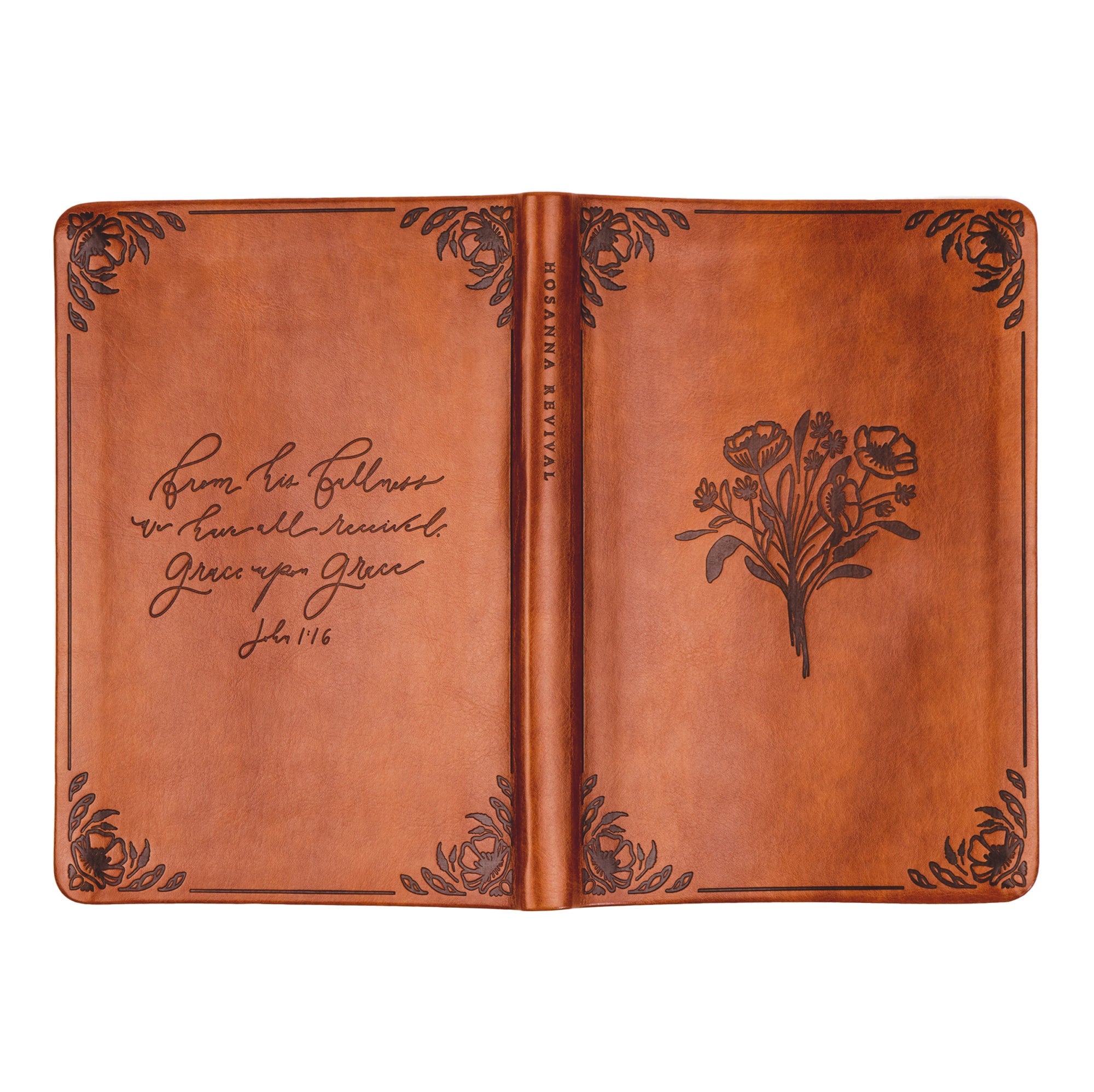 Vienna Christian notebook journal open flat showing floral bouquet design on front and John 1:16 Scripture on back warm brown leather-like cover for prayer journaling and Bible study