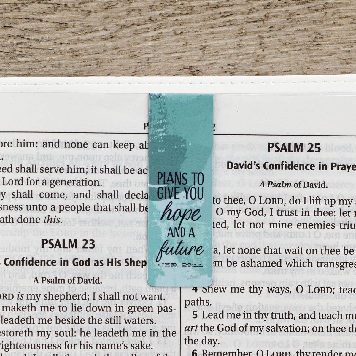 Teal magnetic bookmark with text: "Plans to give you hope and a future" Jer. 29:11" on a bible background in Psam 23 to 25. 