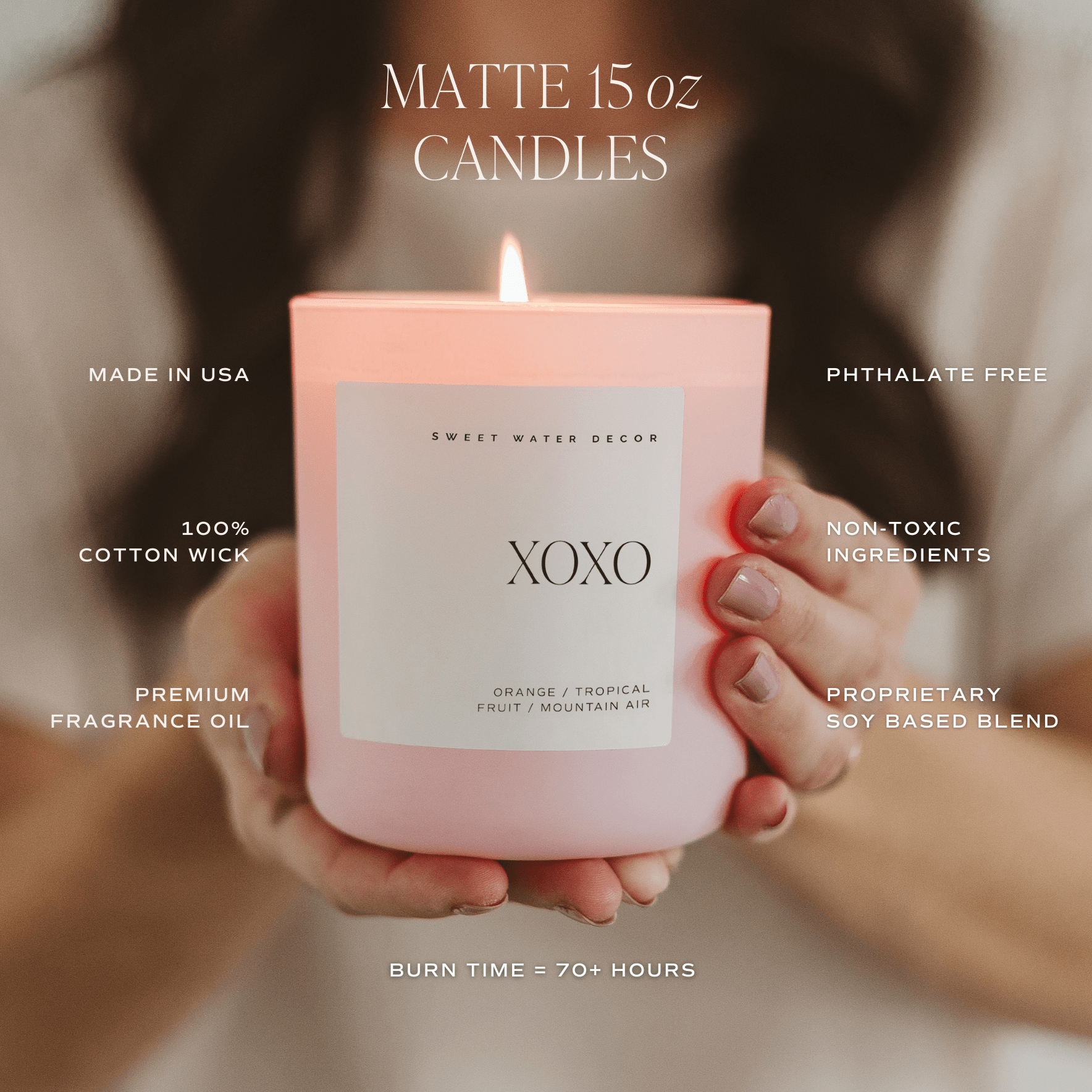 Matte 15 oz soy candle with cotton wick and 70 hour burn time made in USA non-toxic ingredients