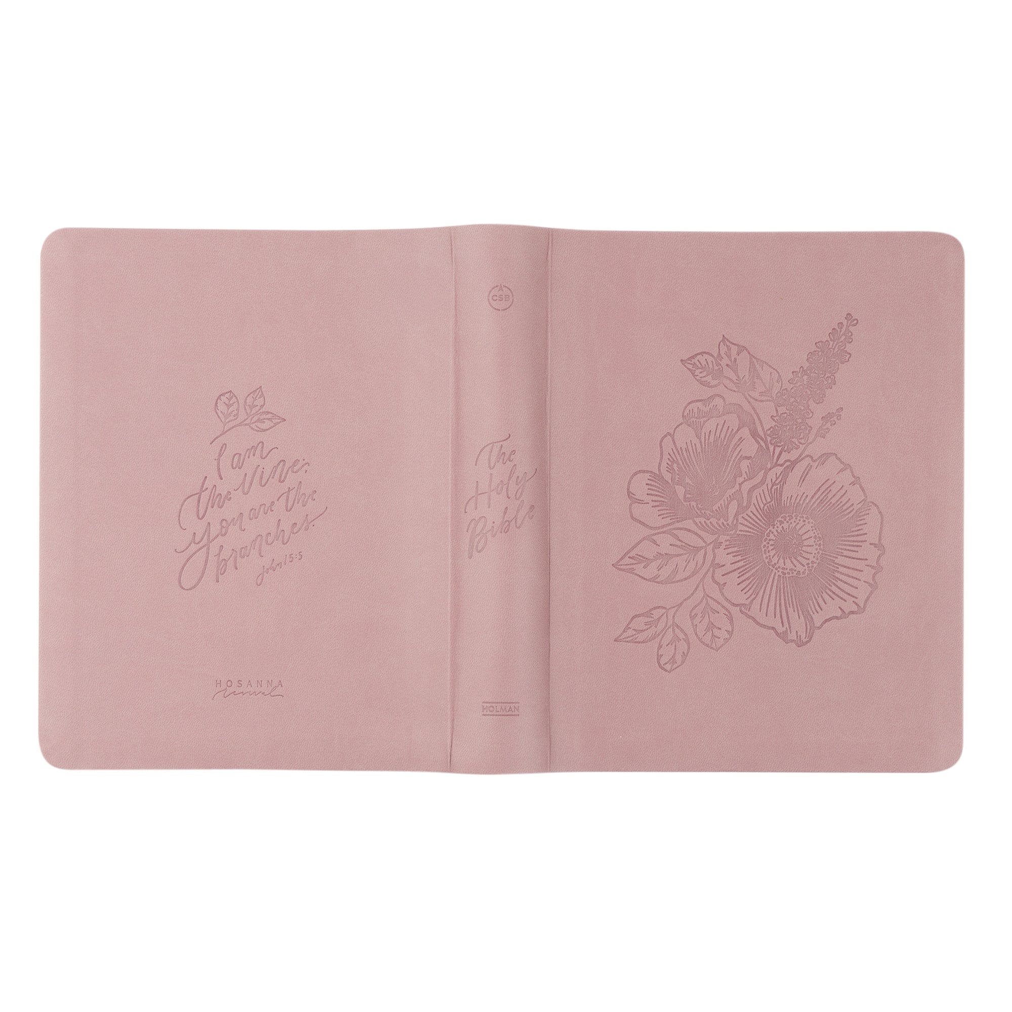 Mauves CSB Notetaking Bible shown open flat with floral leather-like cover and John 15:5 I am the vine inscription