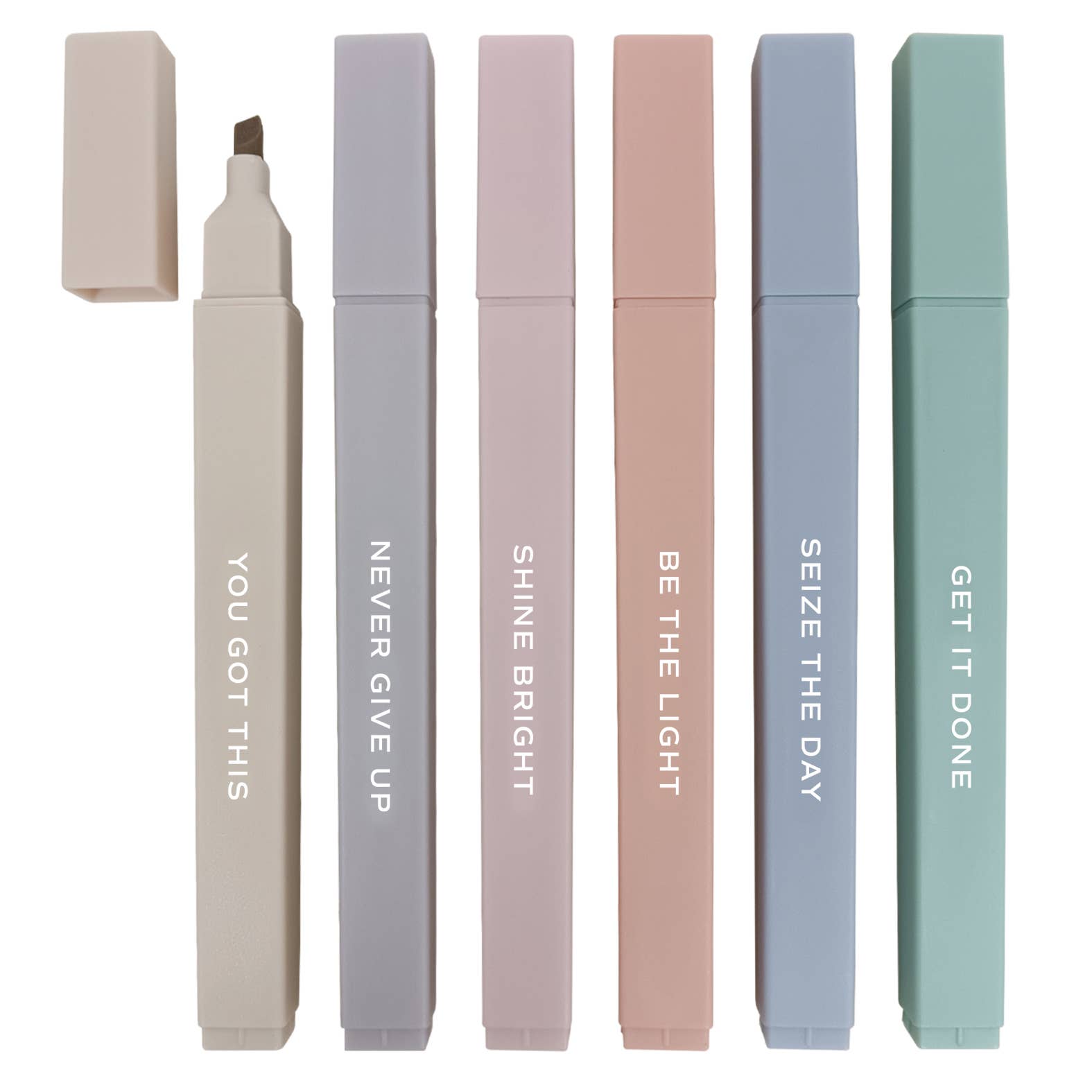 Neutral inspirational highlighter set with muted pastel colors and motivational messages for Bible study, journaling, and planning