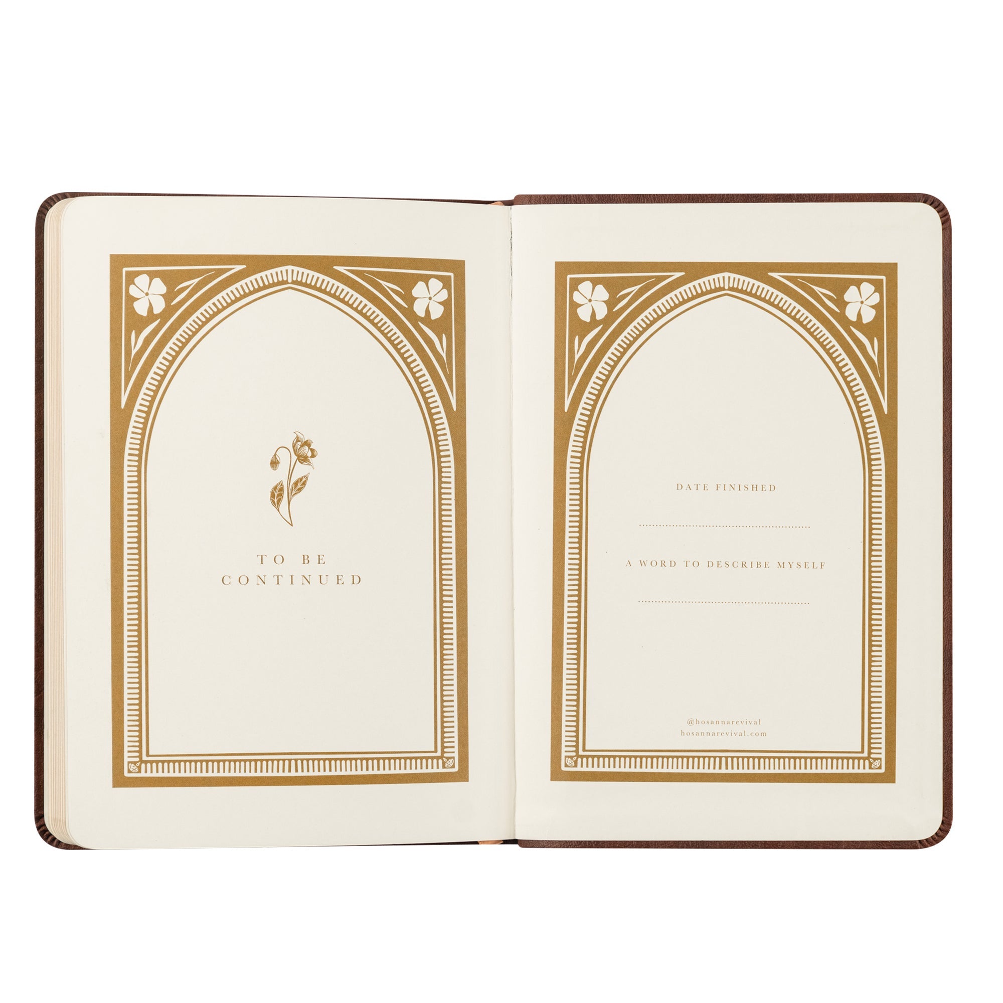 Closing pages of Palma Christian notebook with gold arch design showing space for date started and name