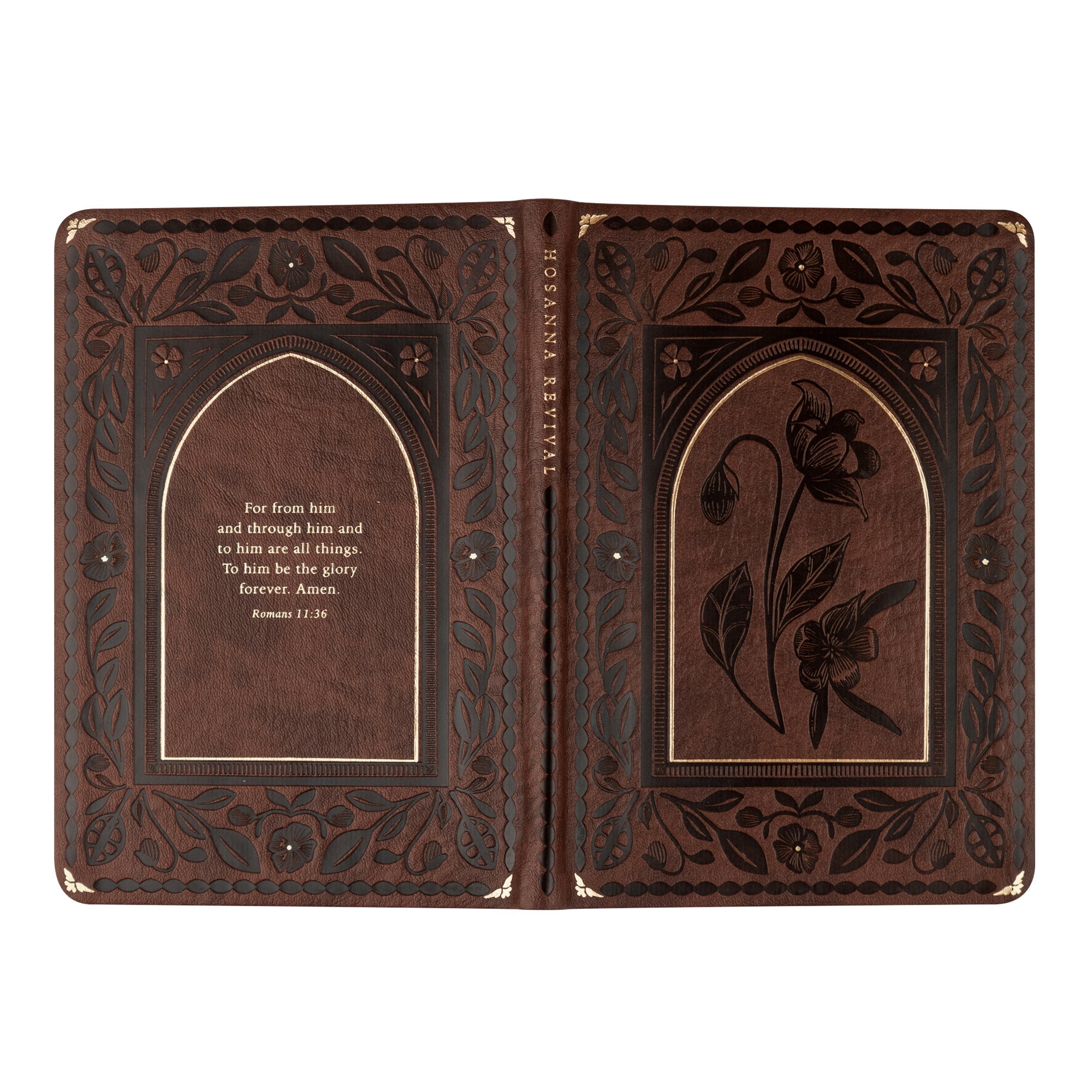 Full wrap cover of Palma Christian notebook showing front, spine, and back with brown floral design and gold foil detailing