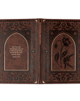 Full wrap cover of Palma Christian notebook showing front, spine, and back with brown floral design and gold foil detailing
