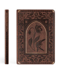 Spine and front cover of Palma Christian notebook with brown floral design and gold foil detailing