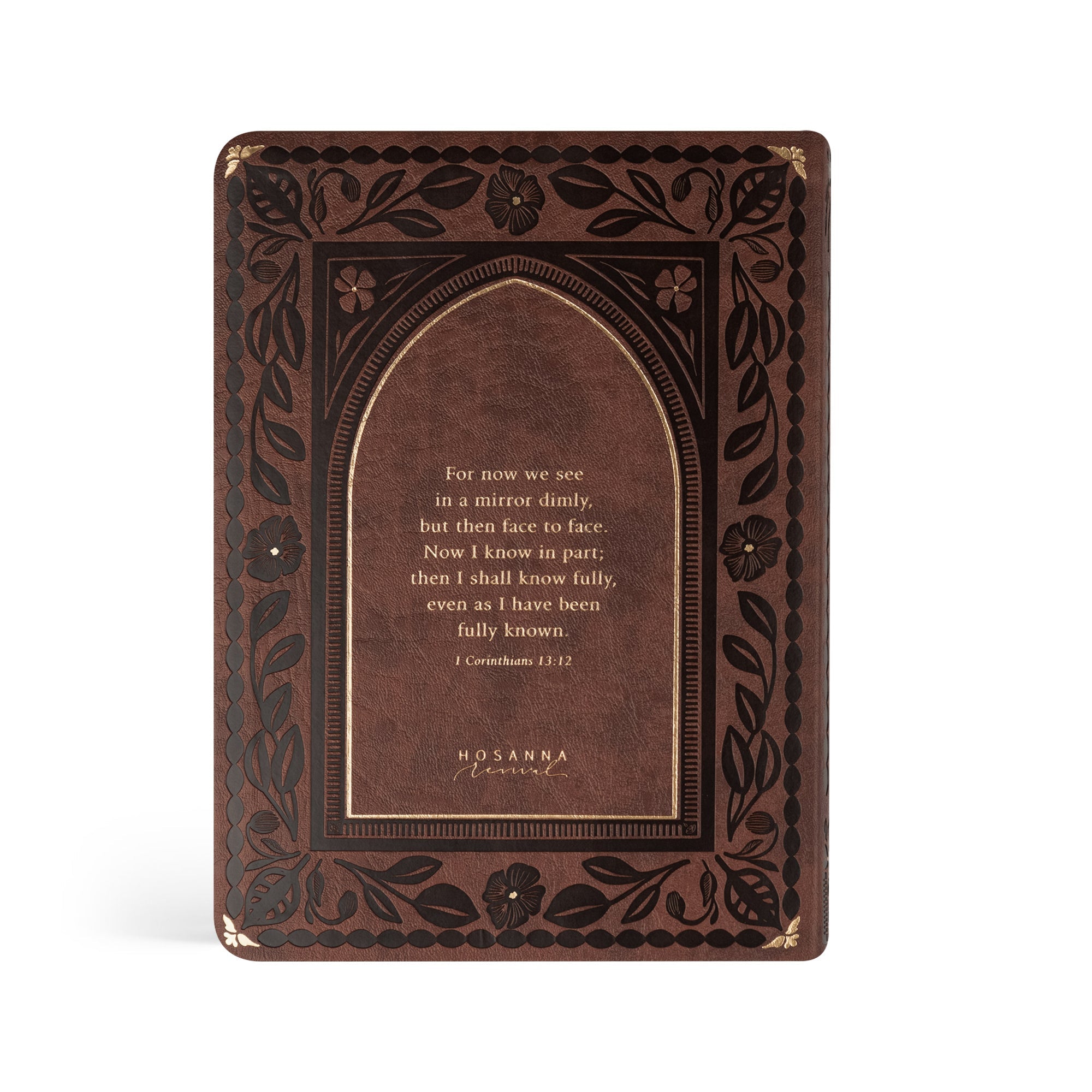 Back cover of Palma ESV journaling Bible featuring brown floral design with gold foil Scripture from 1 Corinthians 13:12