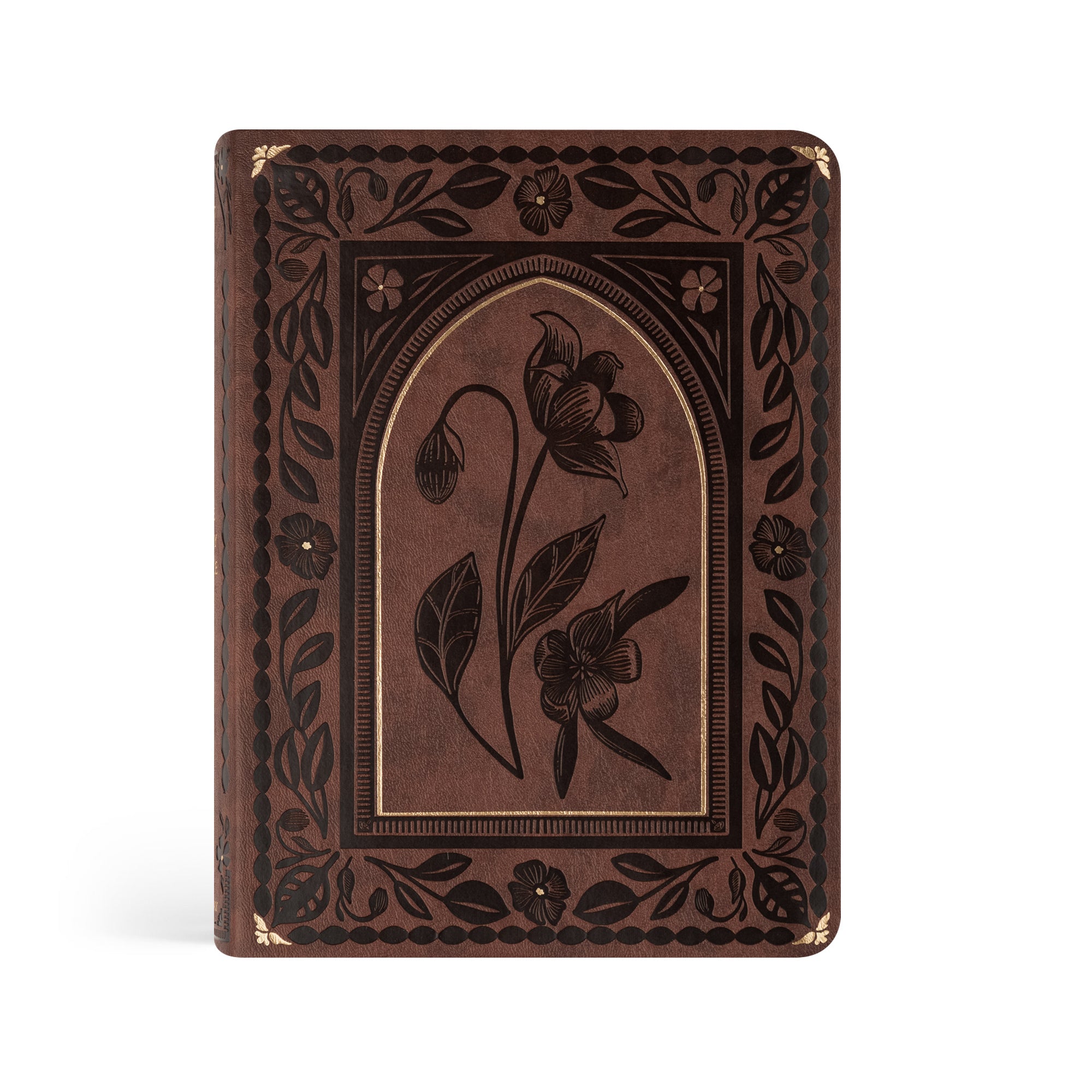 Palma ESV journaling Bible with brown floral design and gold foil detailing inspired by cathedral architecture