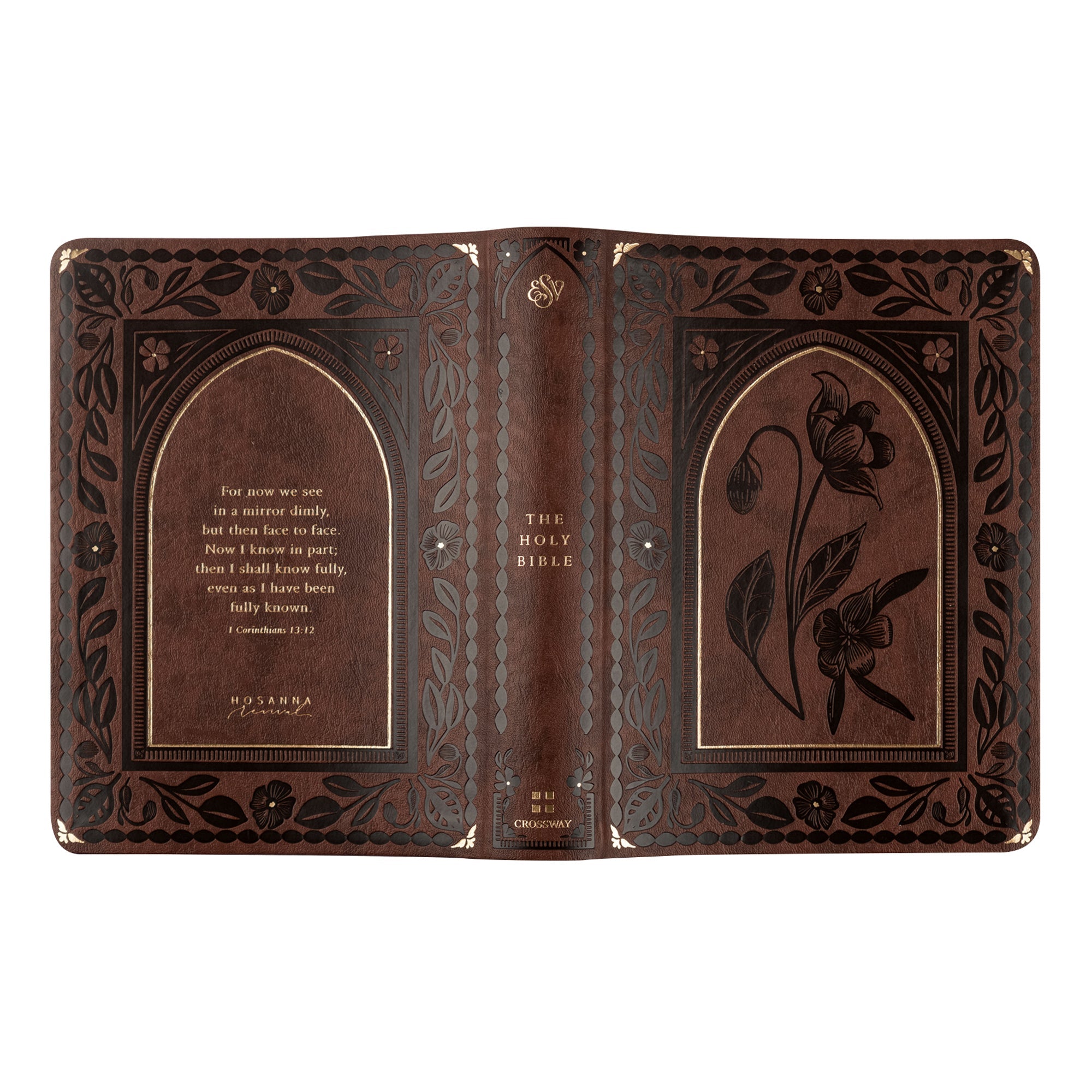 Full wrap cover of Palma ESV journaling Bible showing front, spine, and back with brown floral design and gold foil detailing