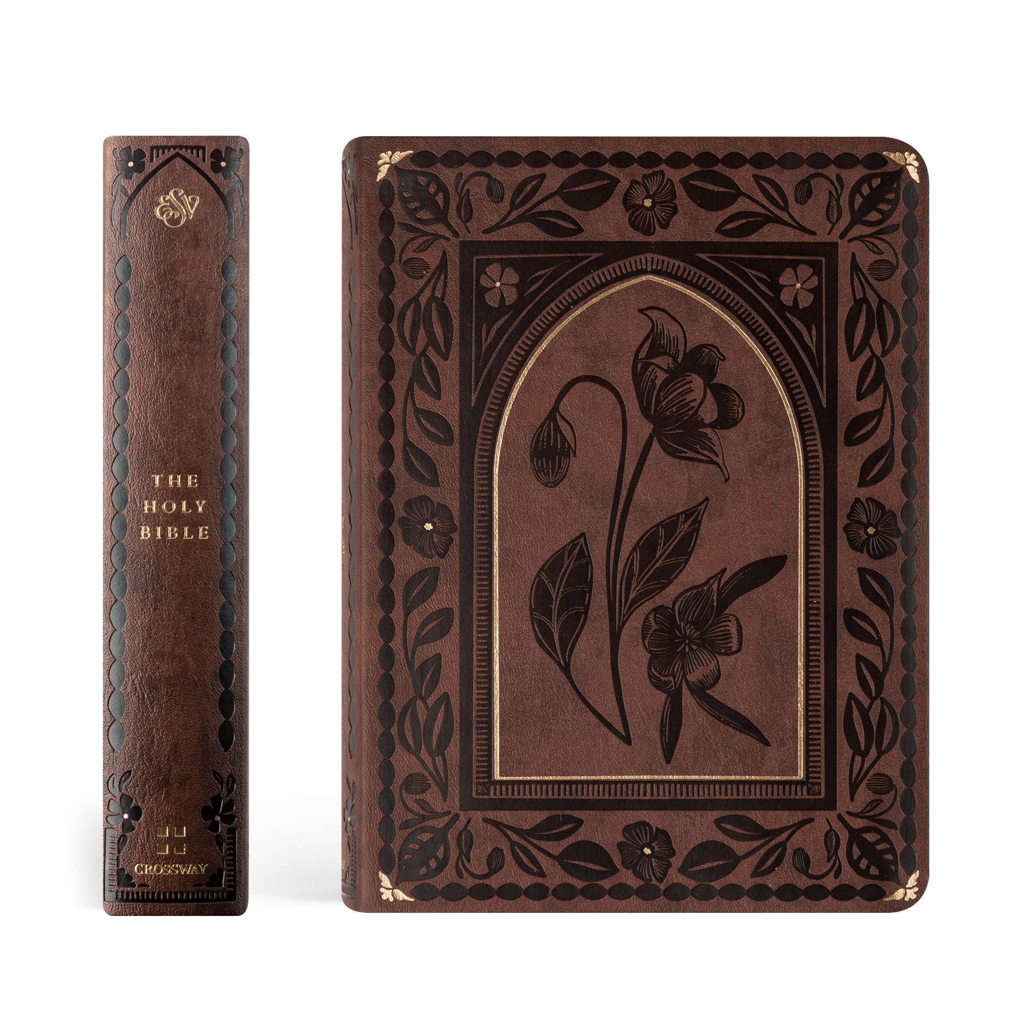 Spine and front cover of Palma ESV journaling Bible showing brown floral design with gold foil detailing