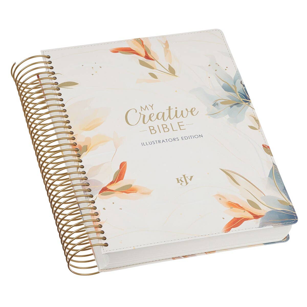 Pearlized white floral KJV spiral bound journaling Bible with faux leather cover and gold metal binding