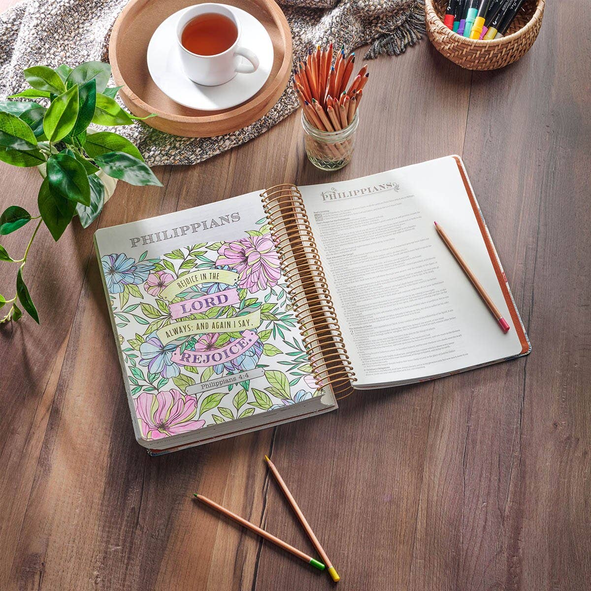 Pearlized White My Creative Bible Spiral Bound KJV open to an illustrated Philippians coloring page for creative Bible journaling