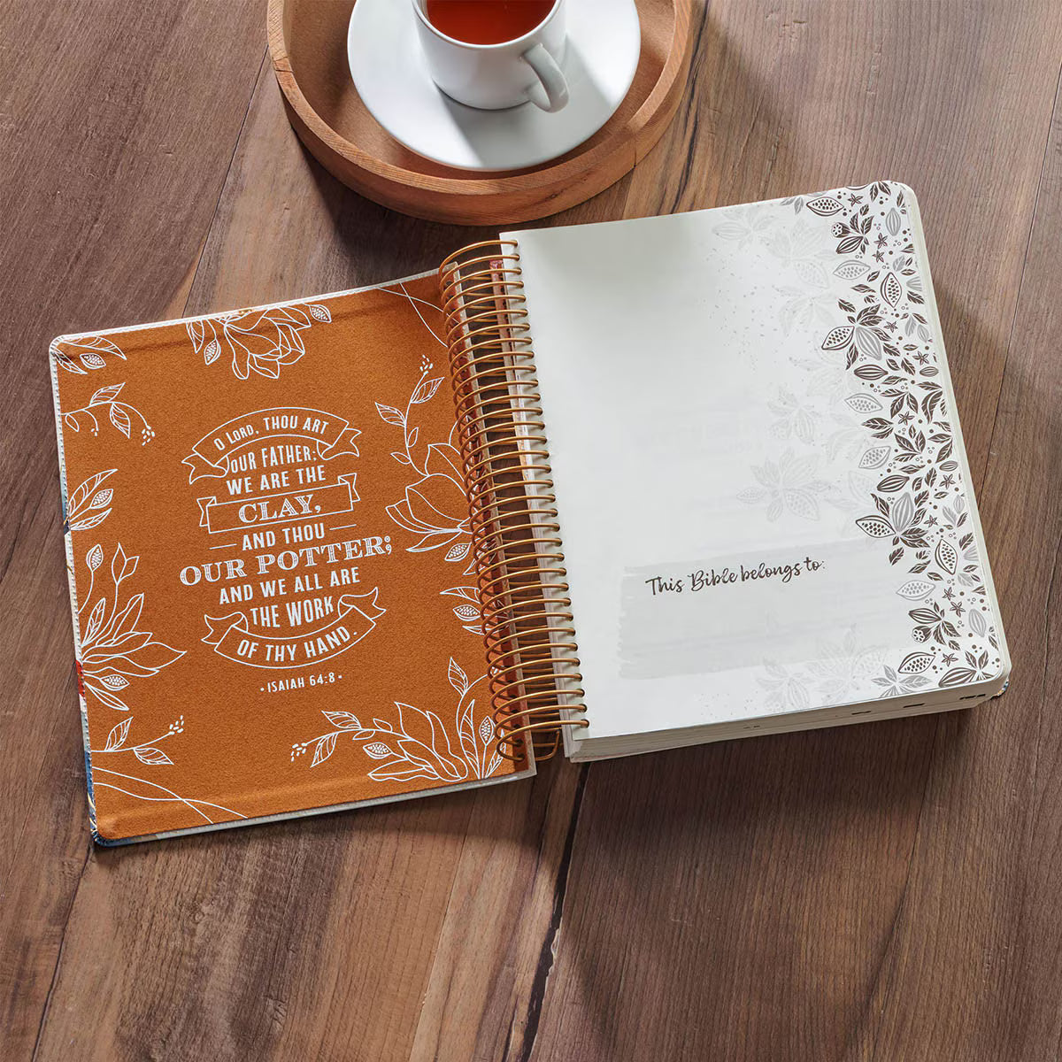 Pearlized White My Creative Bible KJV open to the illustrated owner personalization page with Isaiah 64:8 inside cover