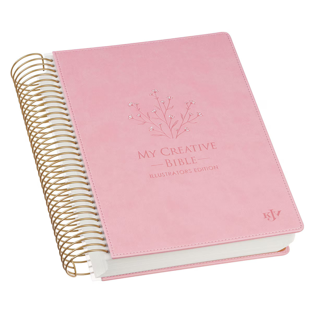 Angled view of pink faux leather My Creative Bible Illustrators Edition KJV spiral bound journaling Bible