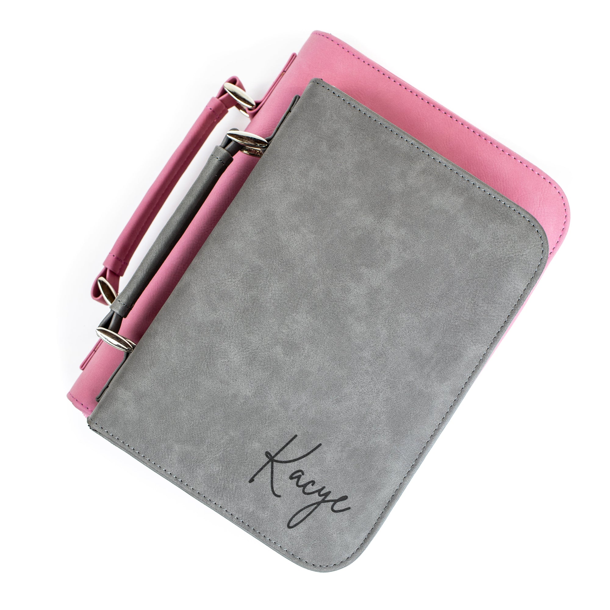 Pink and gray bible cover with 'Kacey' branding on a white background
