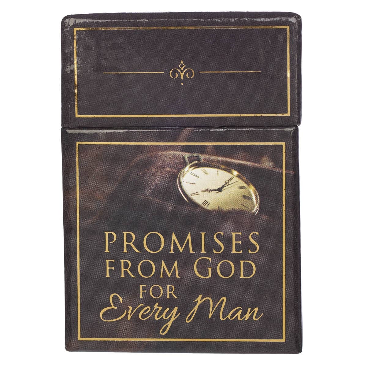 Promises From God for Every Man Box of Blessings — black gift box with gold foil watch design and Scripture encouragement cards for men.