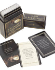 Close up of scripture cards front and back displayed with open box. 