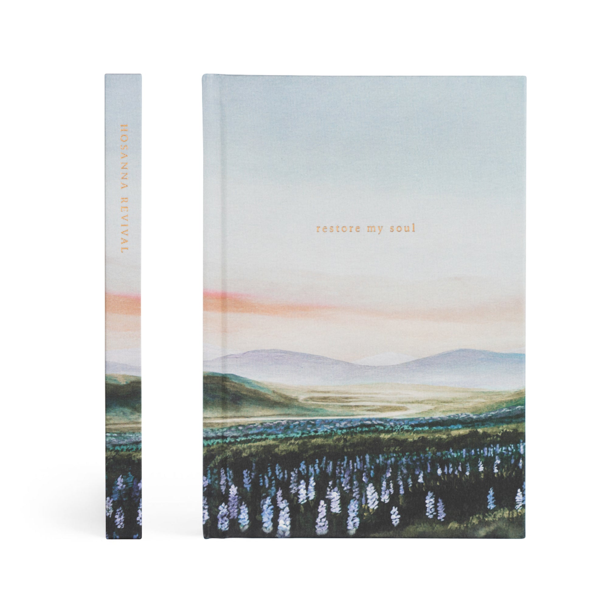 Spine and front view of Restore My Soul Christian prayer journal inspired by Iceland landscape
