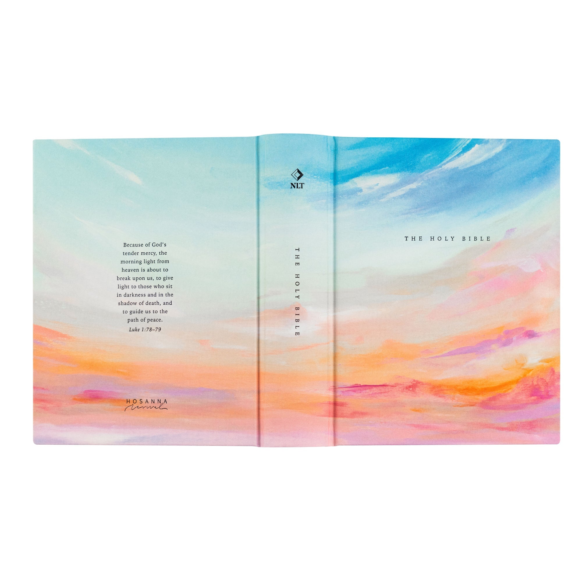 Full wrap cover of Rosemary Beach NLT journaling Bible showing front, spine, and back with colorful sunrise sky design