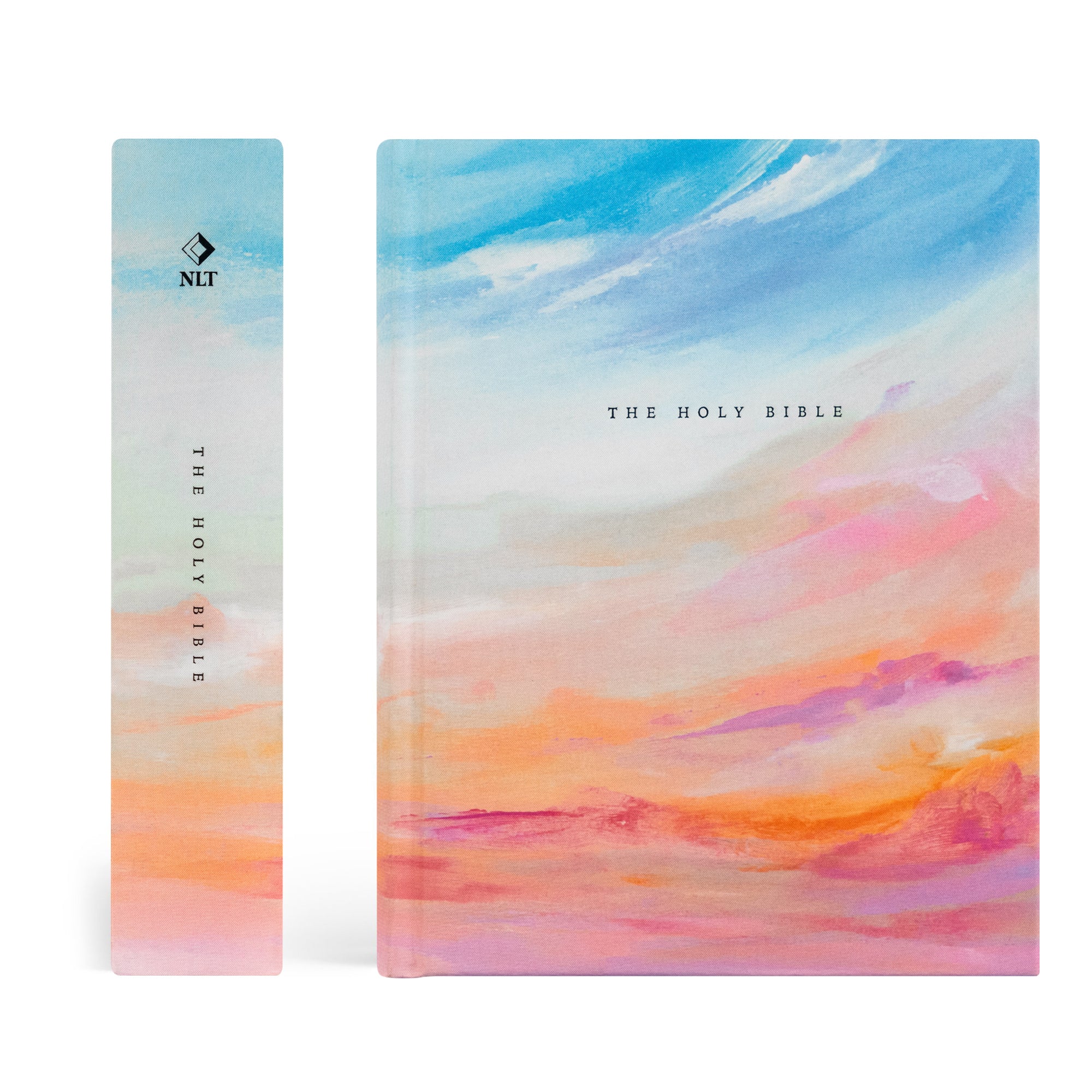 Spine and front cover of Rosemary Beach NLT journaling Bible with colorful sunrise sky design