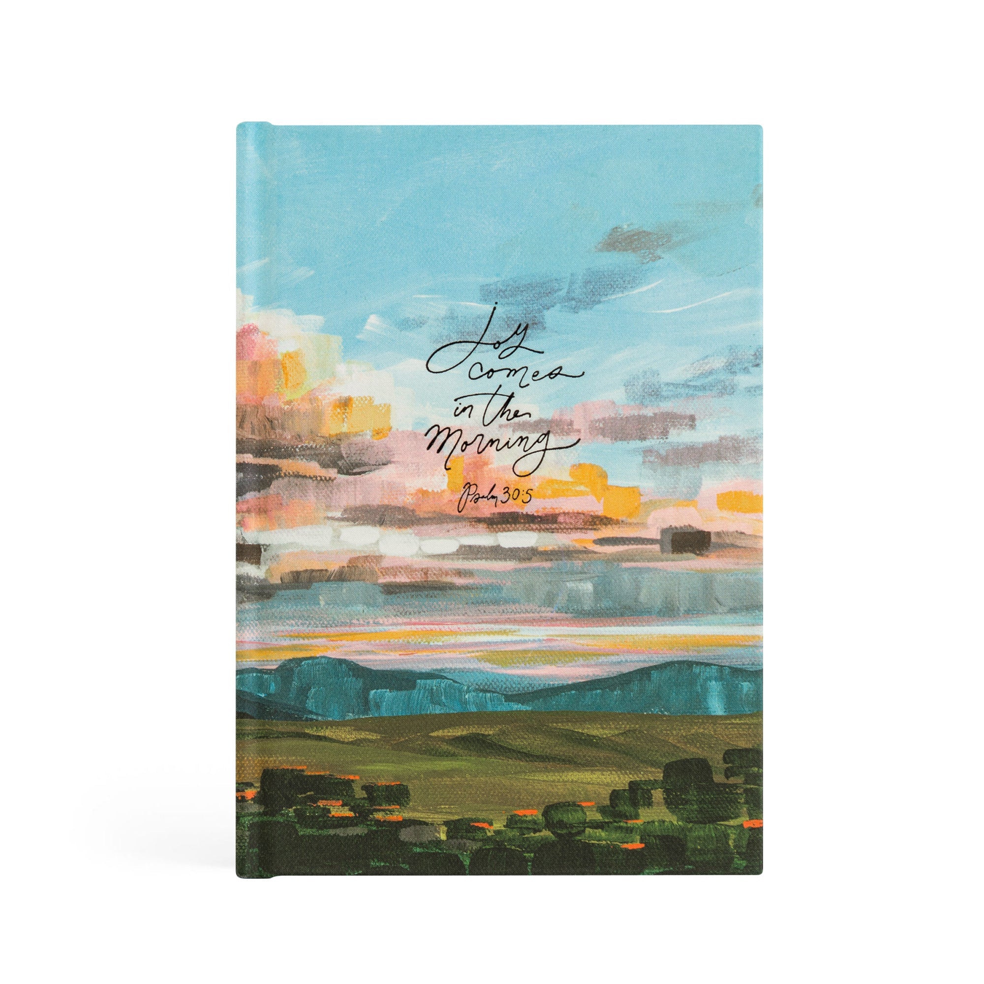 Santa Lucia Christian notebook featuring sunrise landscape design with Joy Comes in the Morning scripture from Psalm 30:5
