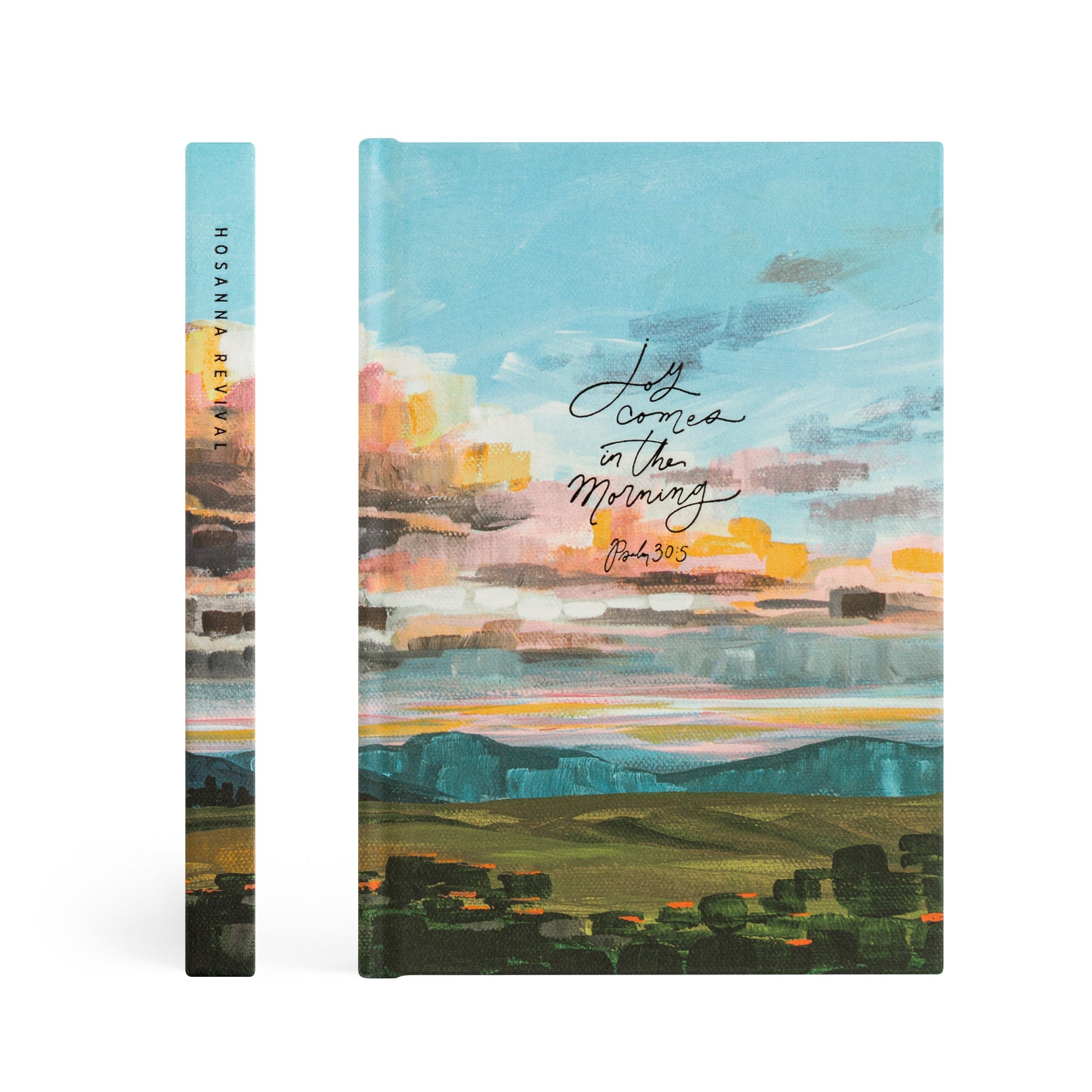 Santa Lucia Christian notebook showing spine and front cover with Joy Comes in the Morning Psalm 30:5 sunrise design