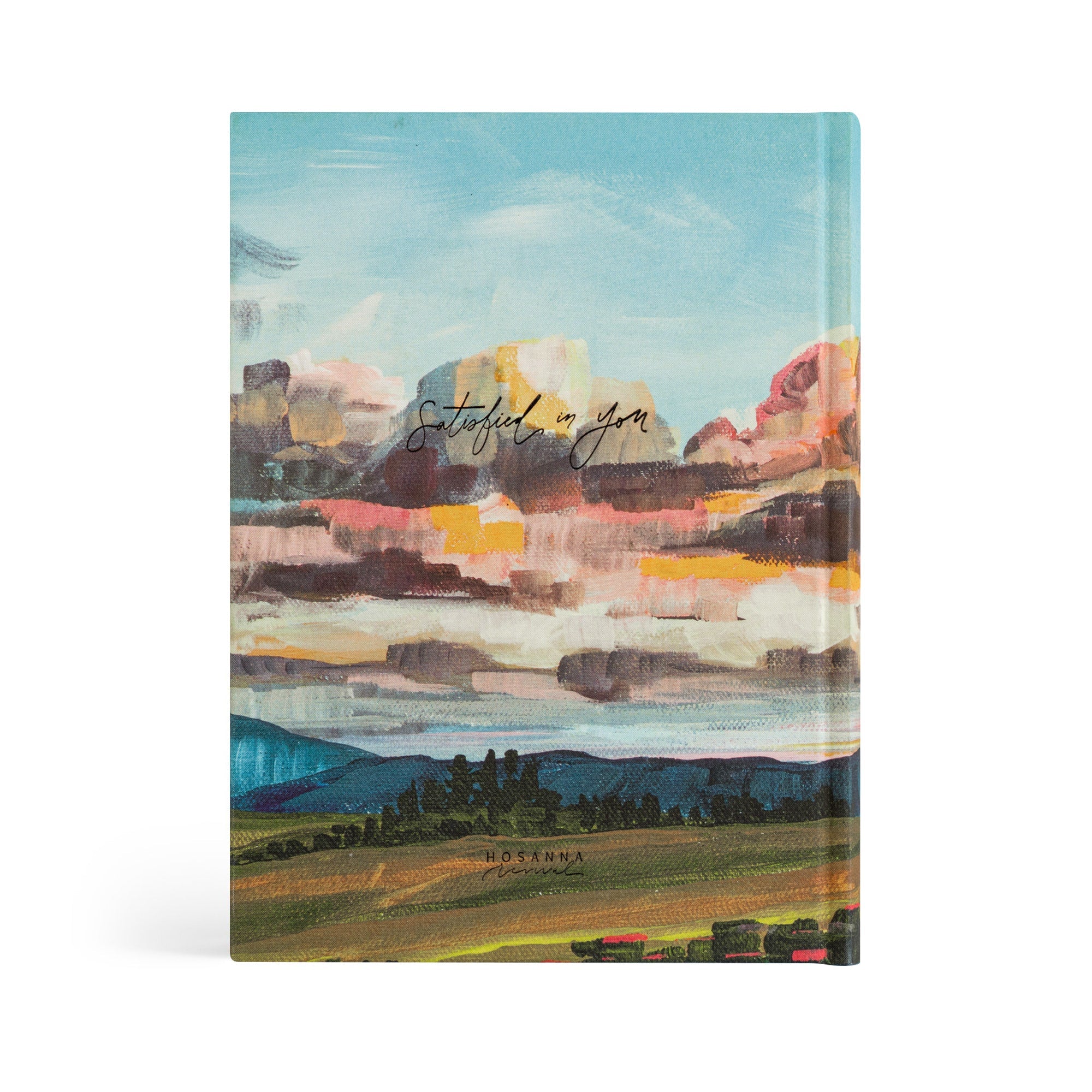 Back cover of Santa Lucia ESV journaling Bible featuring sunrise landscape artwork with the words Satisfied in You