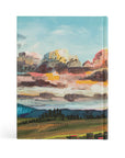 Back cover of Santa Lucia ESV journaling Bible featuring sunrise landscape artwork with the words Satisfied in You