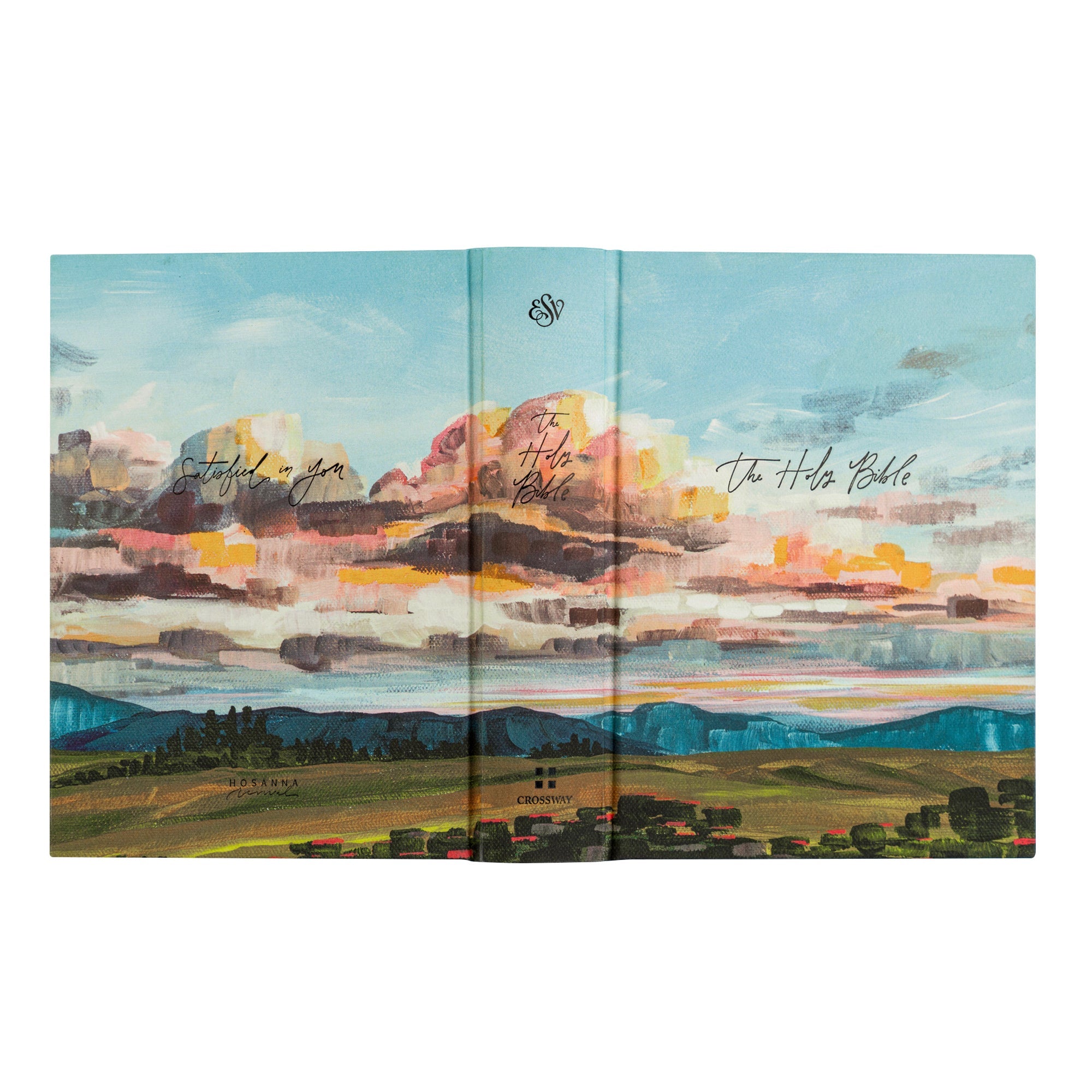 Full wrap cover of Santa Lucia ESV journaling Bible showing sunrise landscape artwork with the words Satisfied in You