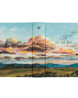 Full wrap cover of Santa Lucia ESV journaling Bible showing sunrise landscape artwork with the words Satisfied in You