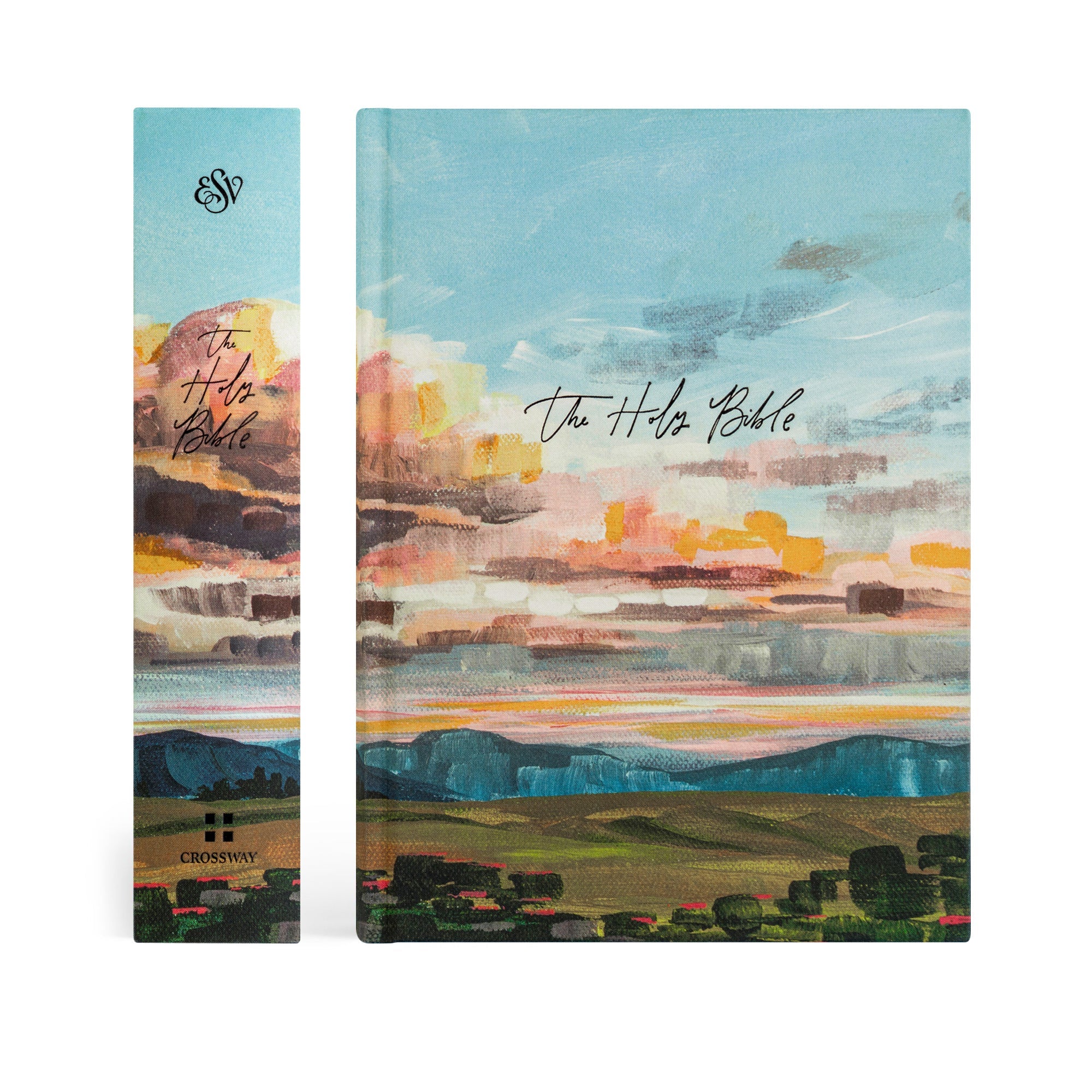Santa Lucia ESV journaling Bible showing spine and front cover with sunrise landscape artwork and wide margin journaling design