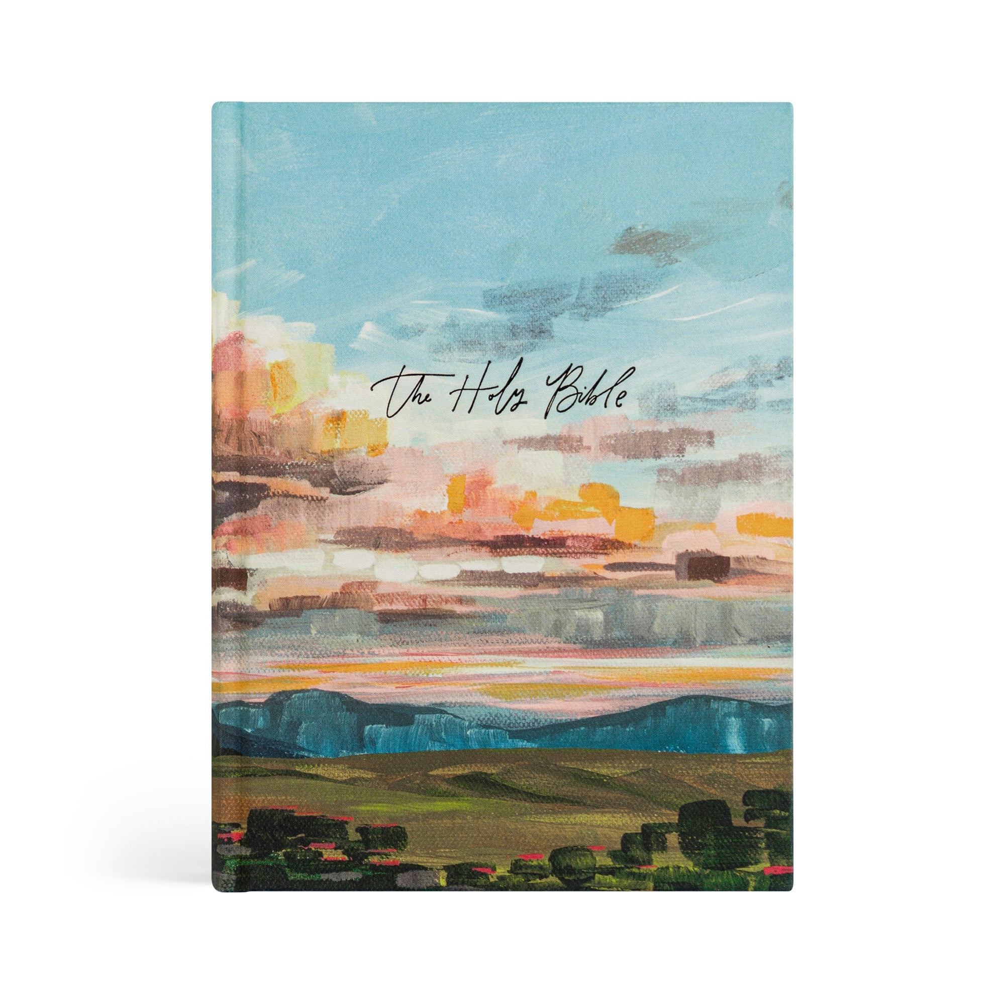 Santa Lucia ESV journaling Bible with hand-painted sunrise landscape design inspired by Psalm 30:5