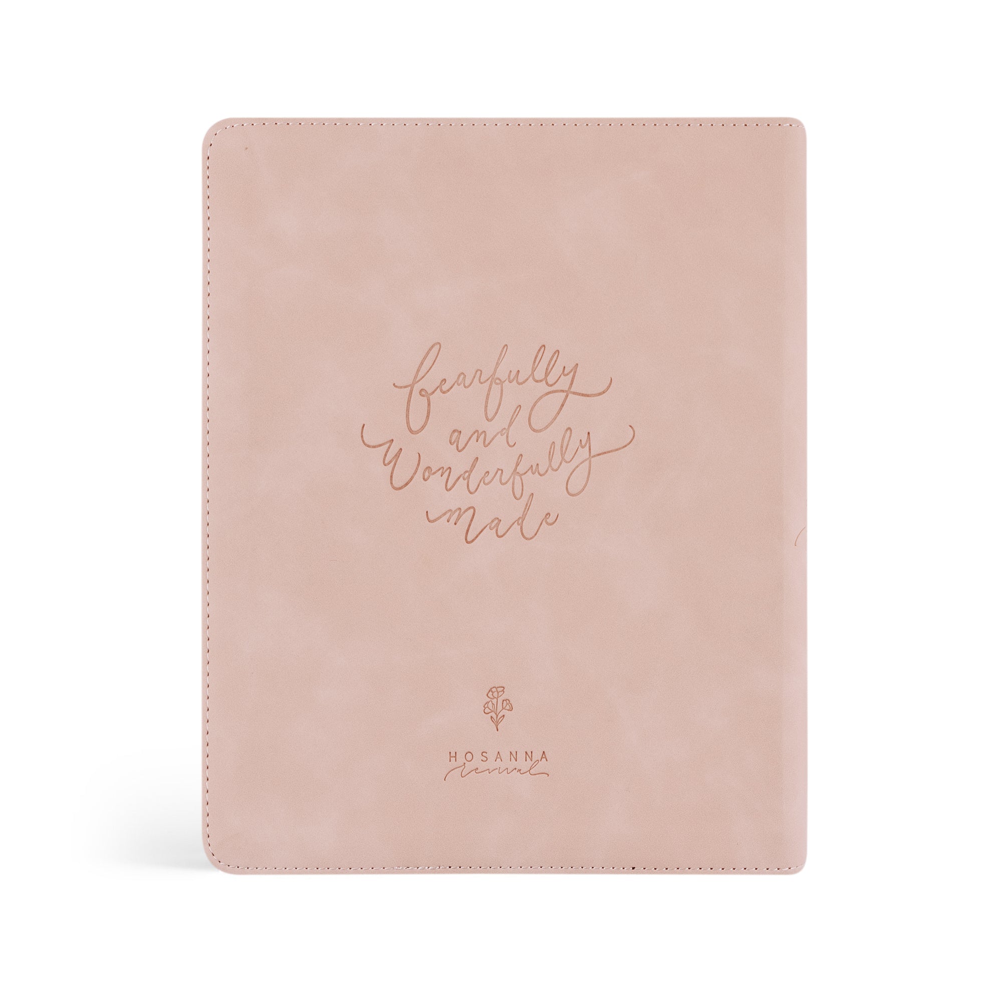 Back cover of Shiloh NLT journaling Bible with embossed “fearfully and wonderfully made” verse
