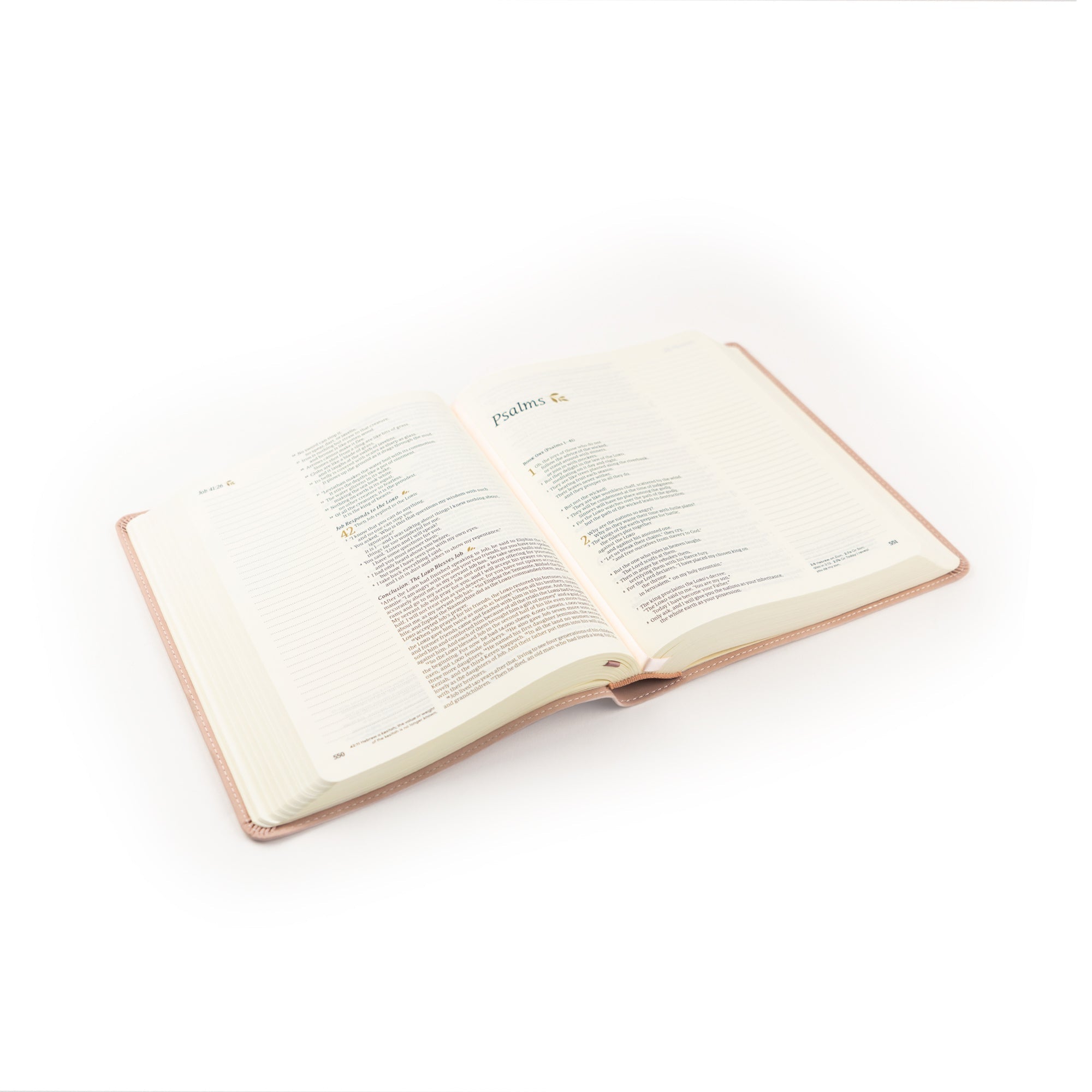 Blush pink Shiloh notetaking Bible angled view showing spine and soft leather-like cover