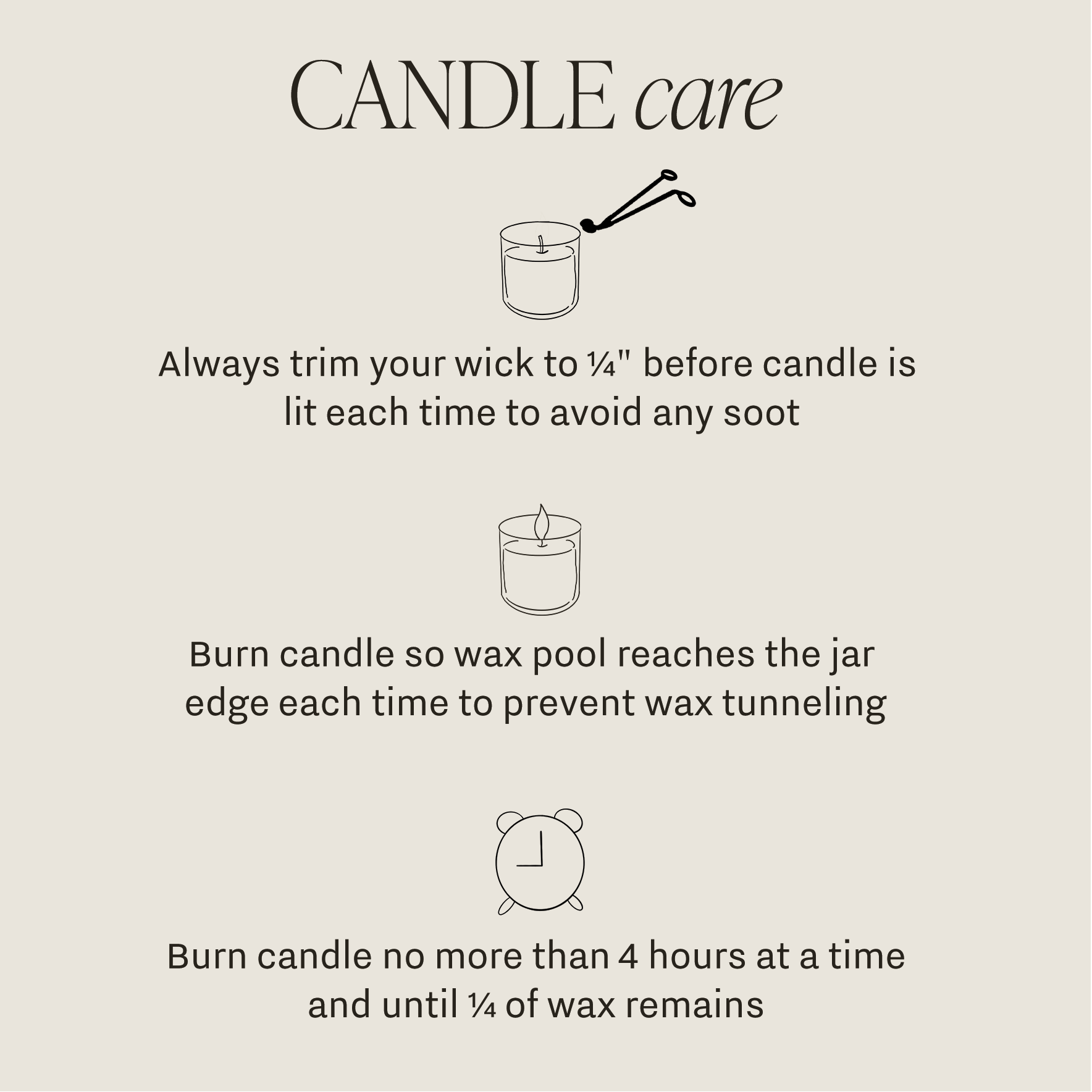 Soy candle care instructions showing wick trimming burn time and wax pooling tips for safe candle use