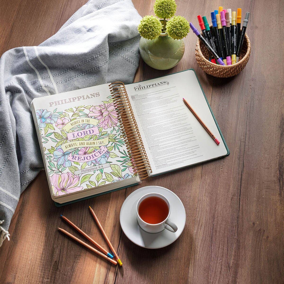 Teal My Creative Bible Spiral Bound Illustrators Edition KJV open to a colorful Philippians Bible journaling page