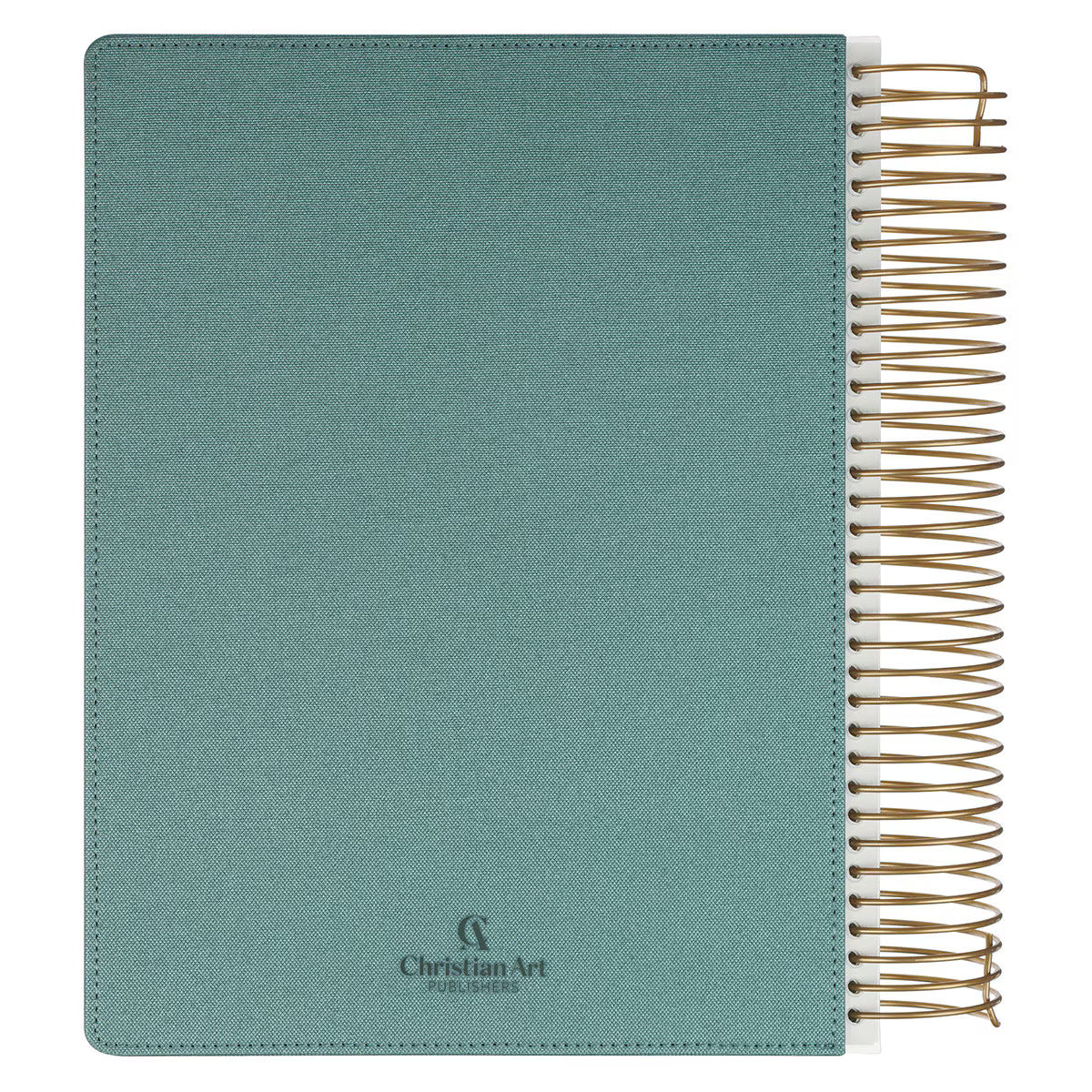 Back cover of Teal My Creative Bible KJV showing textured faux leather hardcover and gold spiral binding