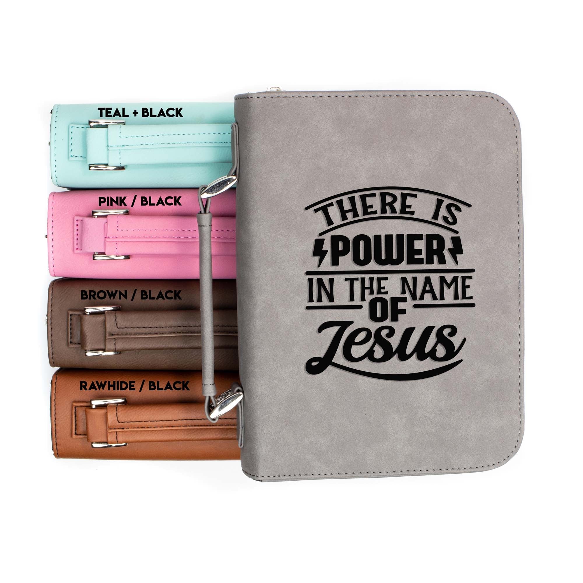 Front view of faux leather Bible cover engraved with “There Is Power in the Name of Jesus”