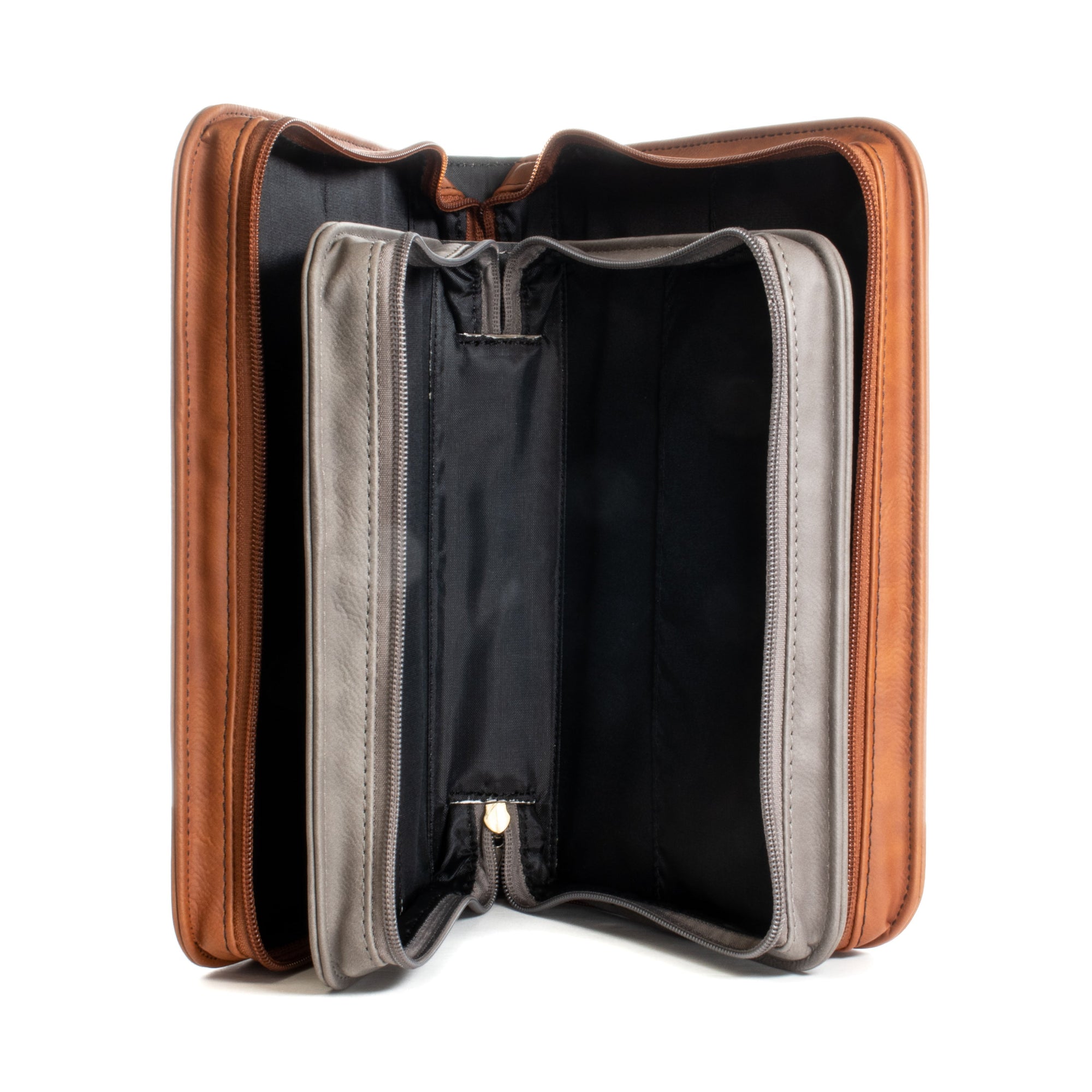Open Bible Covers come in 2 sizes. The larger size in brown faux leather the smaller size in grey faux leather with interior compartments displayed on a white background