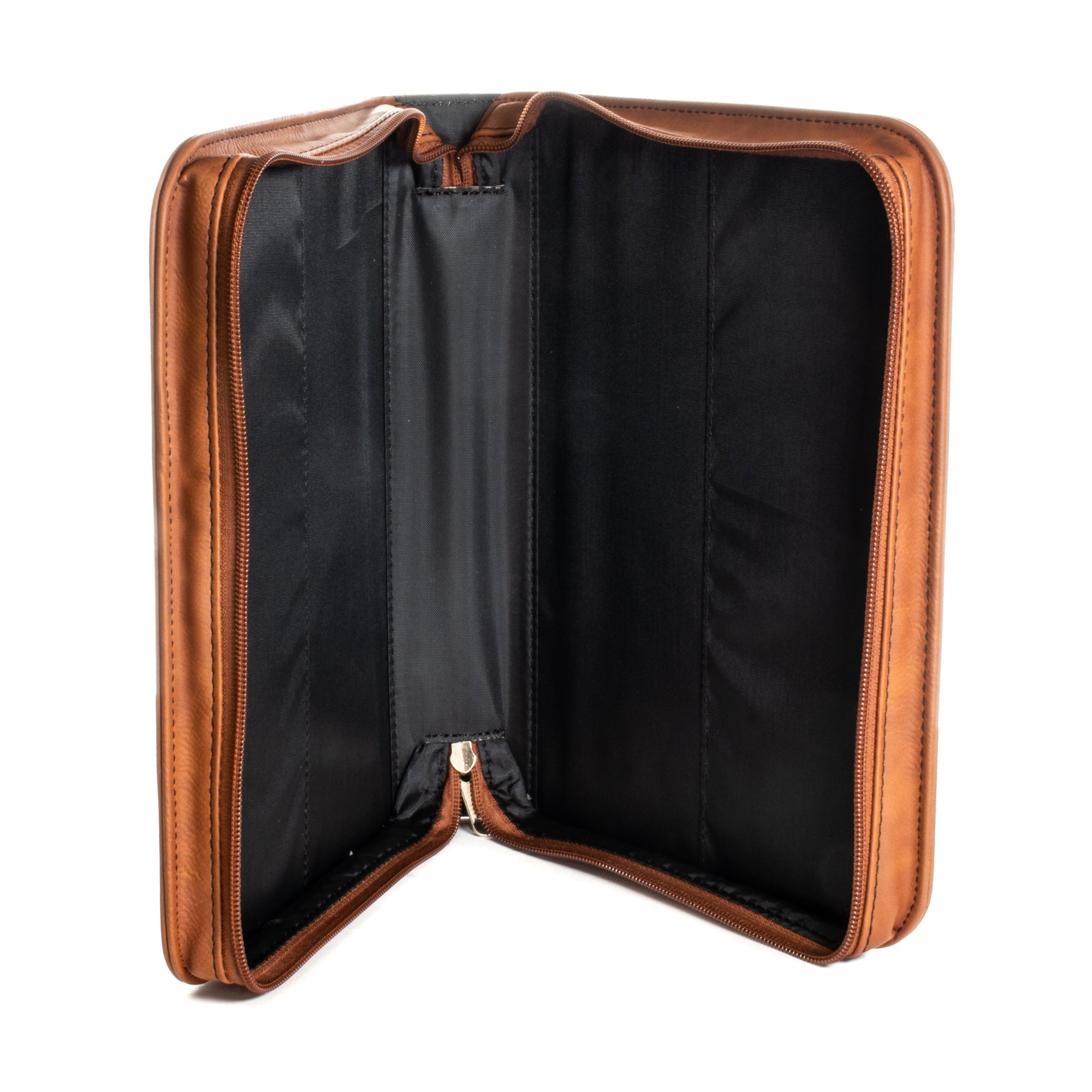 Open view of Bible cover showing interior nylon lining, elastic pen loop, zipper, and secure flaps