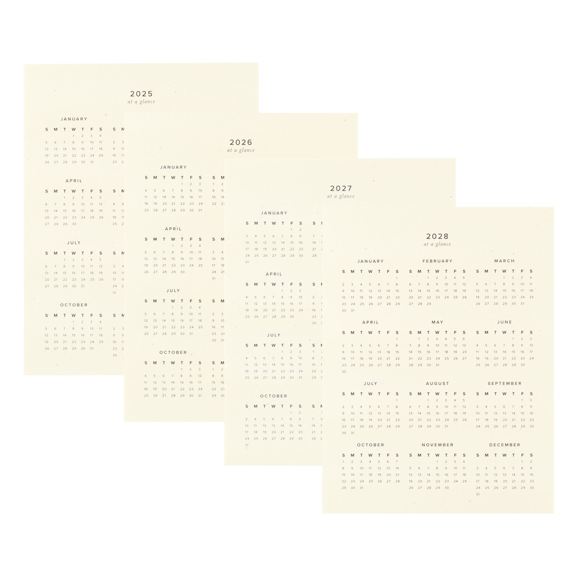 Set of four calendar sheets for 2025 to 2028 on a white background