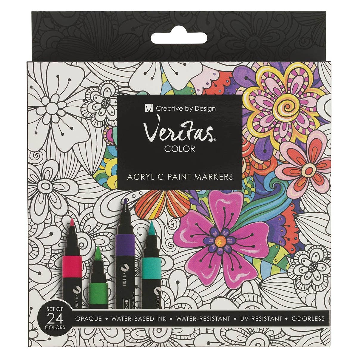 Veritas Color 24-color acrylic paint marker set in floral packaging showing fine and brush tips.