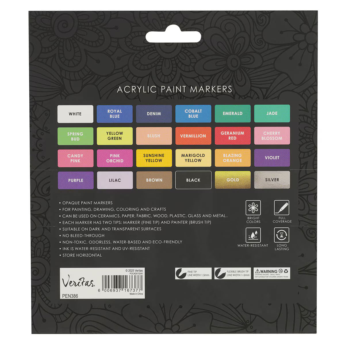 Back of Veritas Color acrylic paint marker packaging showing 24 color swatches, including metallic gold and silver, and dual-tip features.