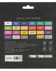 Back of Veritas Color acrylic paint marker packaging showing 24 color swatches, including metallic gold and silver, and dual-tip features.